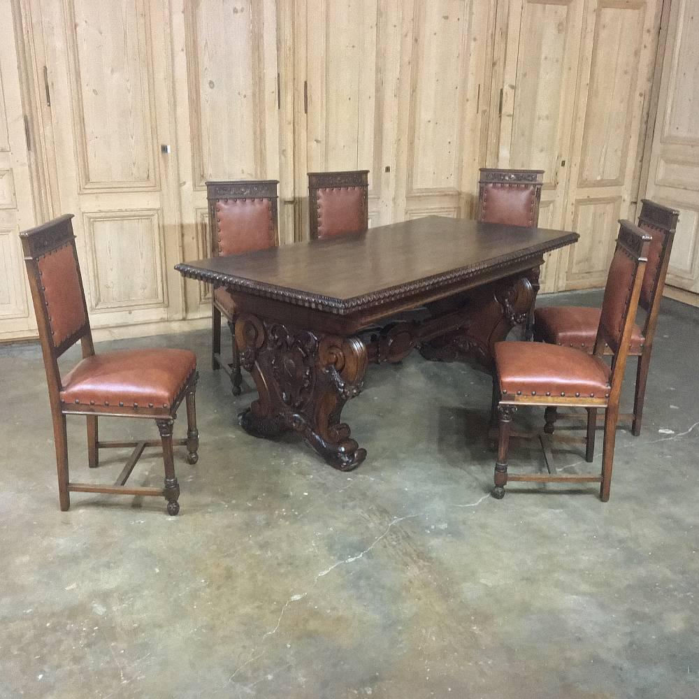 Renaissance Revival Antique Italian Hand-Carved Walnut Baroque Desk Table w/ Foliates & Dolphins