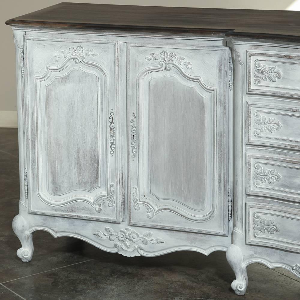 Carved Grand Country French Solid Oak Painted Whitewashed Finish, Dark Waxed Top Buffet
