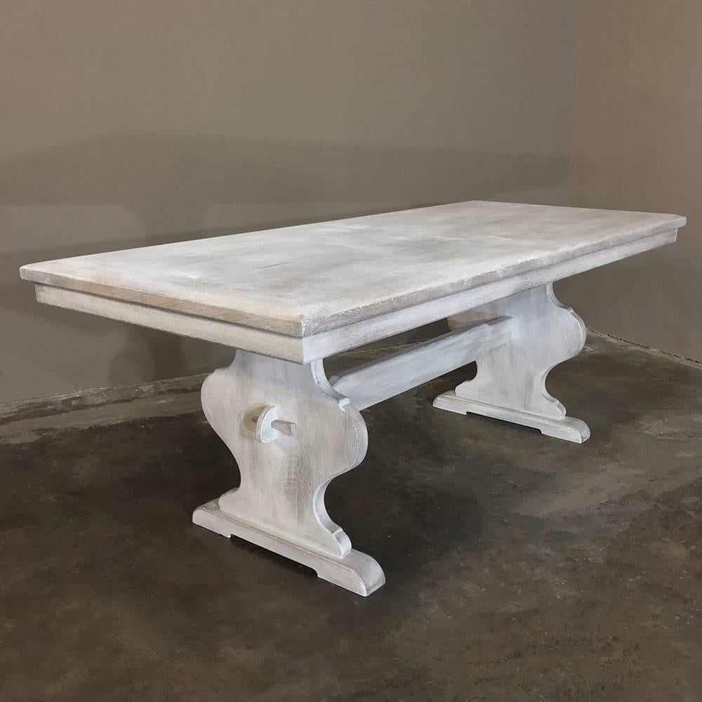 Hand-Carved Antique Rustic Whitewashed Oak Painted French Trestle Table