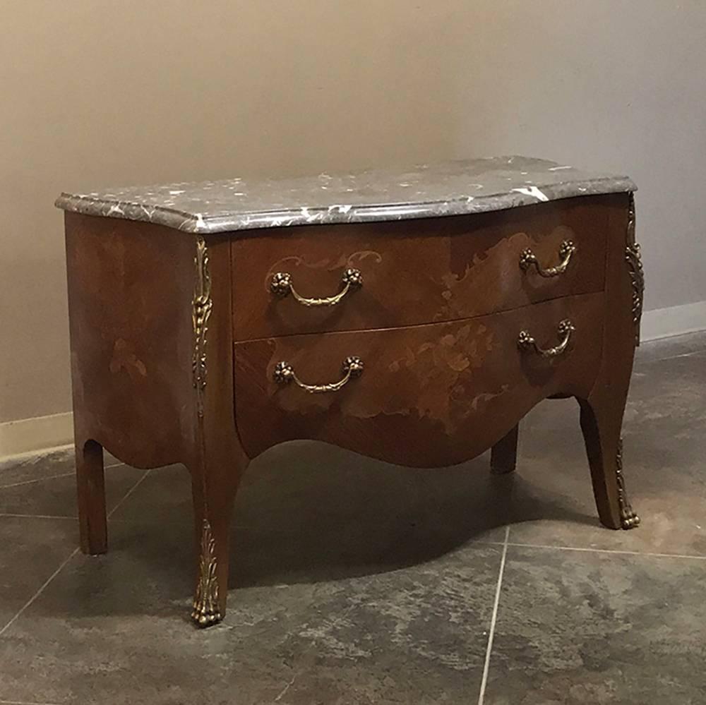 Louis XV 19th Century French Marquetry Marble-Top Bombe Commode For Sale