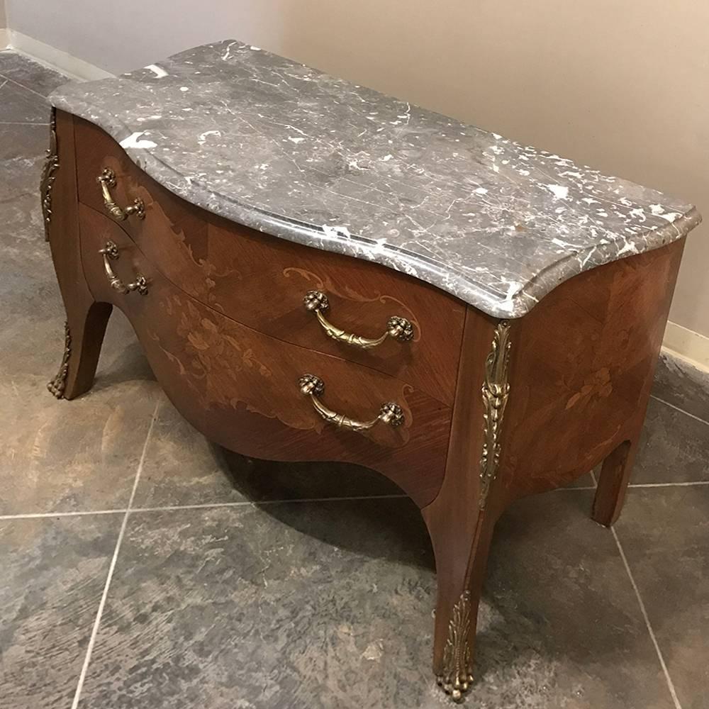 Hand-Crafted 19th Century French Marquetry Marble-Top Bombe Commode For Sale