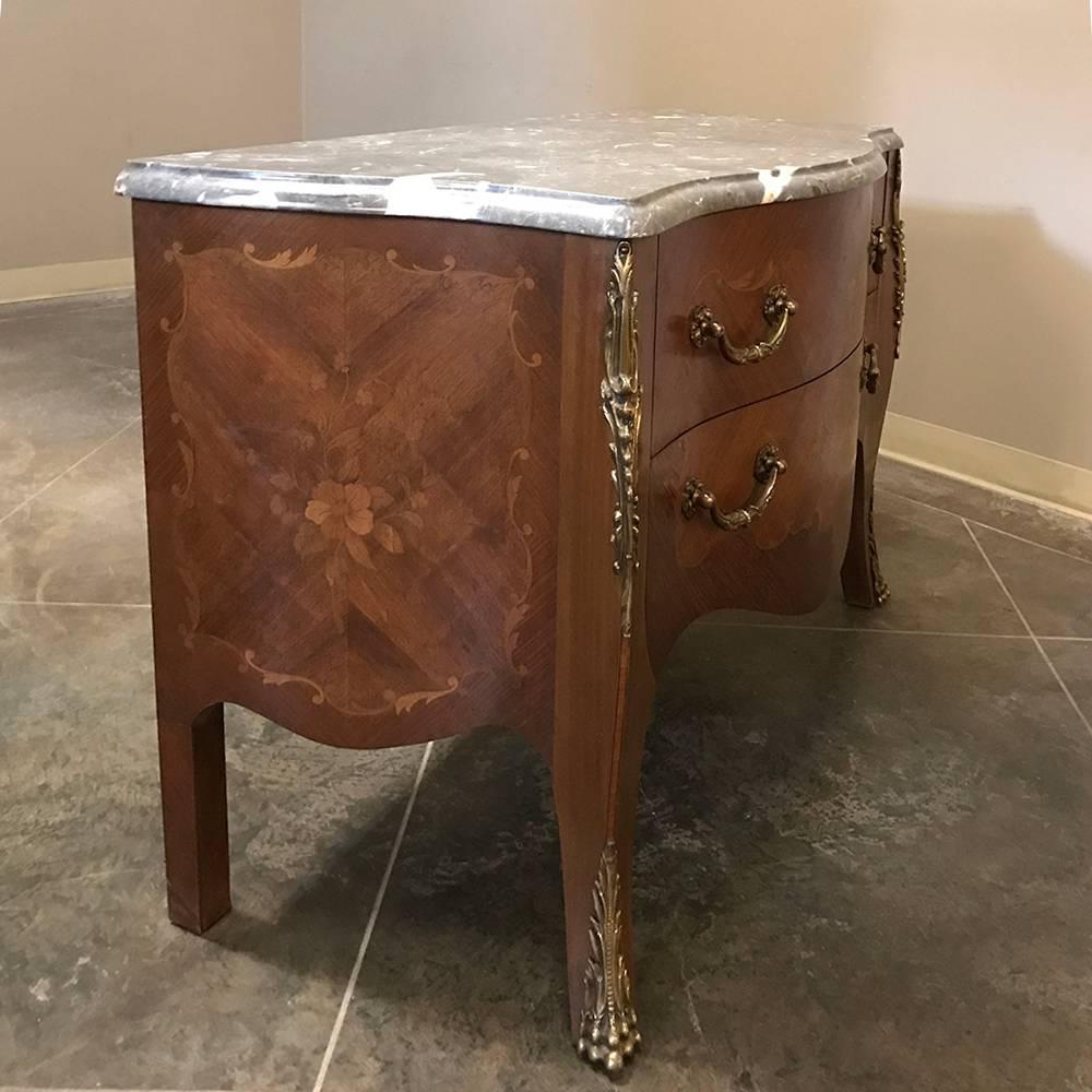 19th Century French Marquetry Marble-Top Bombe Commode In Good Condition For Sale In Dallas, TX