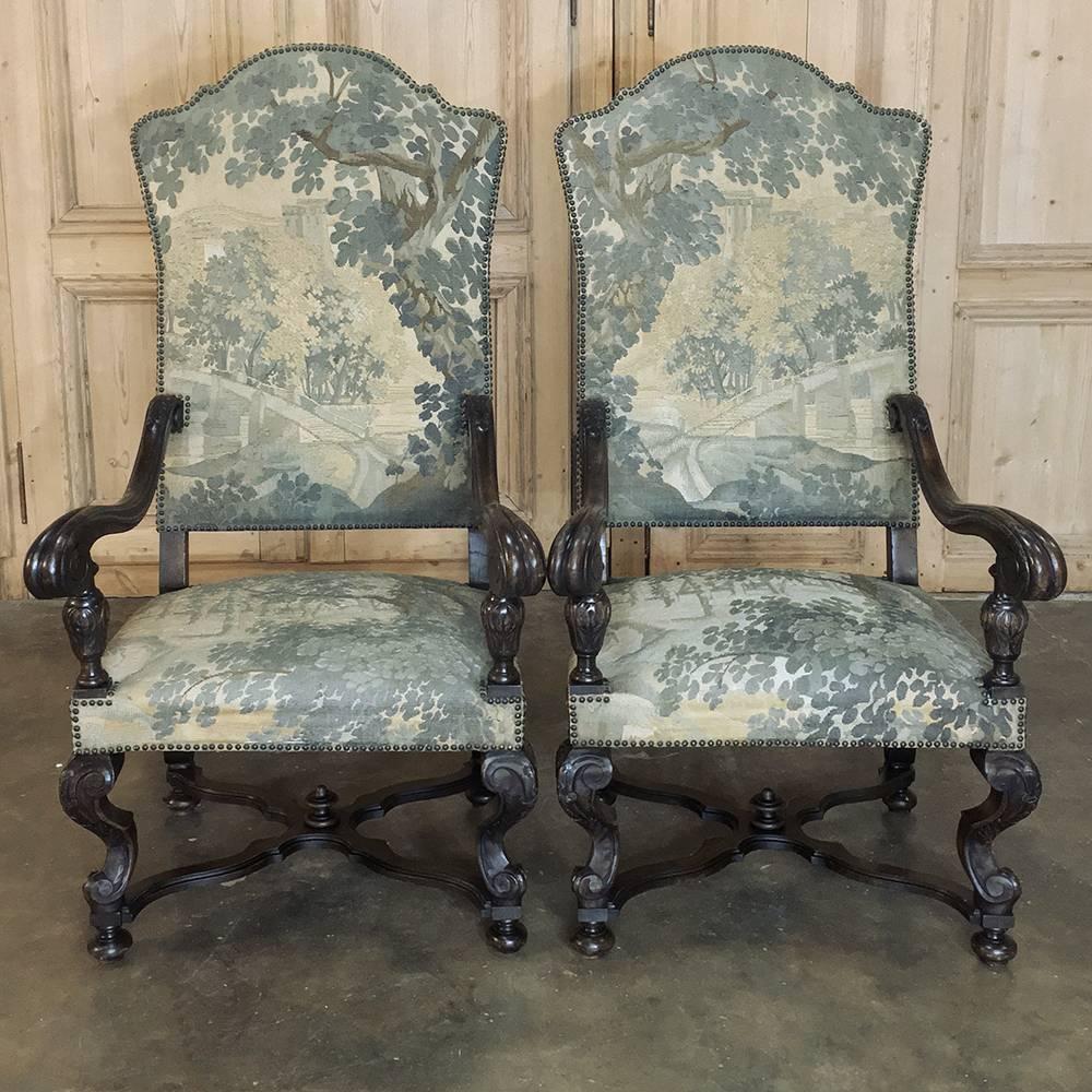 Hand-Crafted Pair of 19th Century French Louis XIV Armchairs with Aubusson Tapestry