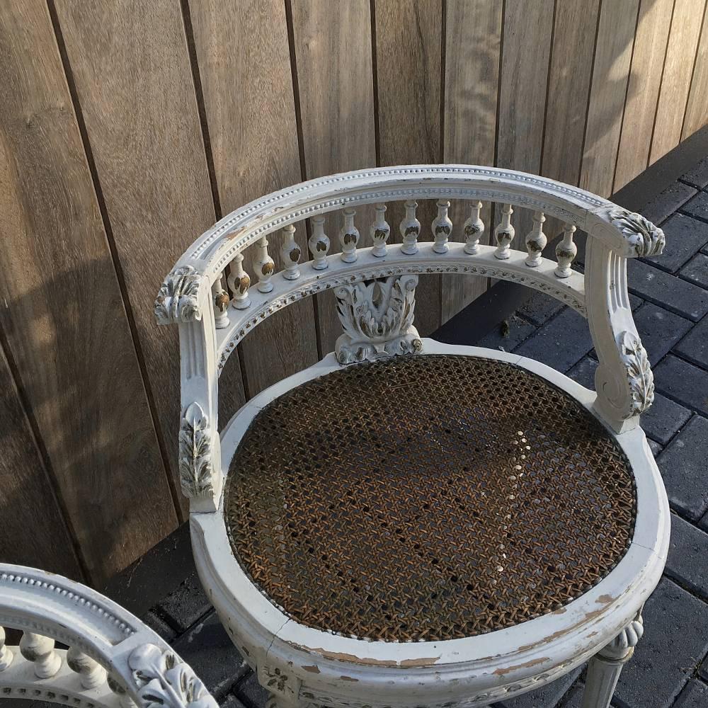 Late 19th Century Pair of 19th Century, French Hand-Carved Louis XVI Painted Vanity Benches