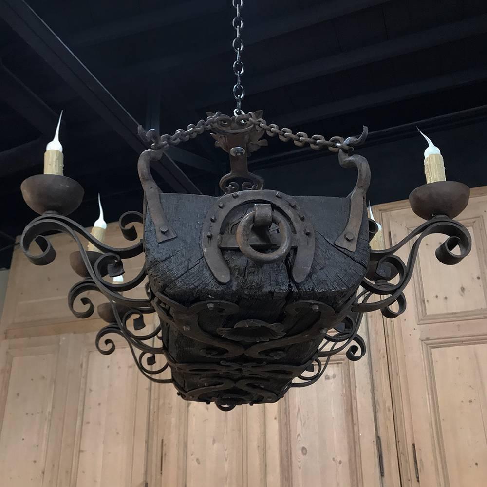 Rustic Antique Country French Wood and Wrought Iron Chandelier