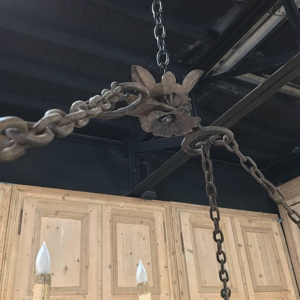 Antique Country French Wood and Wrought Iron Chandelier In Good Condition In Dallas, TX