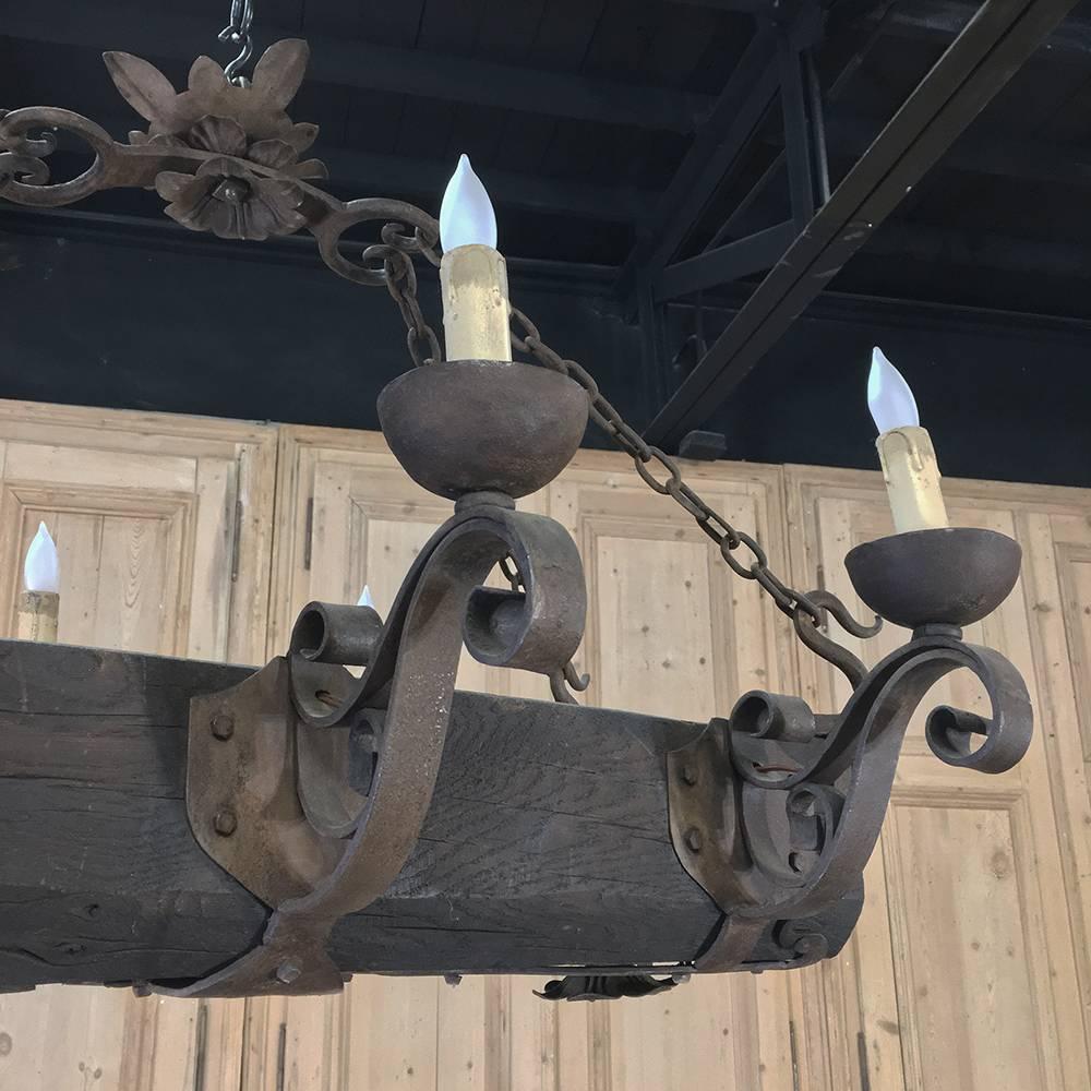 Early 20th Century Antique Country French Wood and Wrought Iron Chandelier