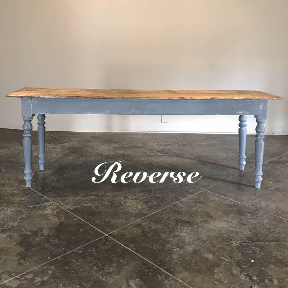 Antique painted sofa table with stripped top combines the charm of a patinaed painted apron and turned legs with a stripped top which is so in vogue today!
circa early 1900s
Measures 29.5H x 78.5W x 19.5.