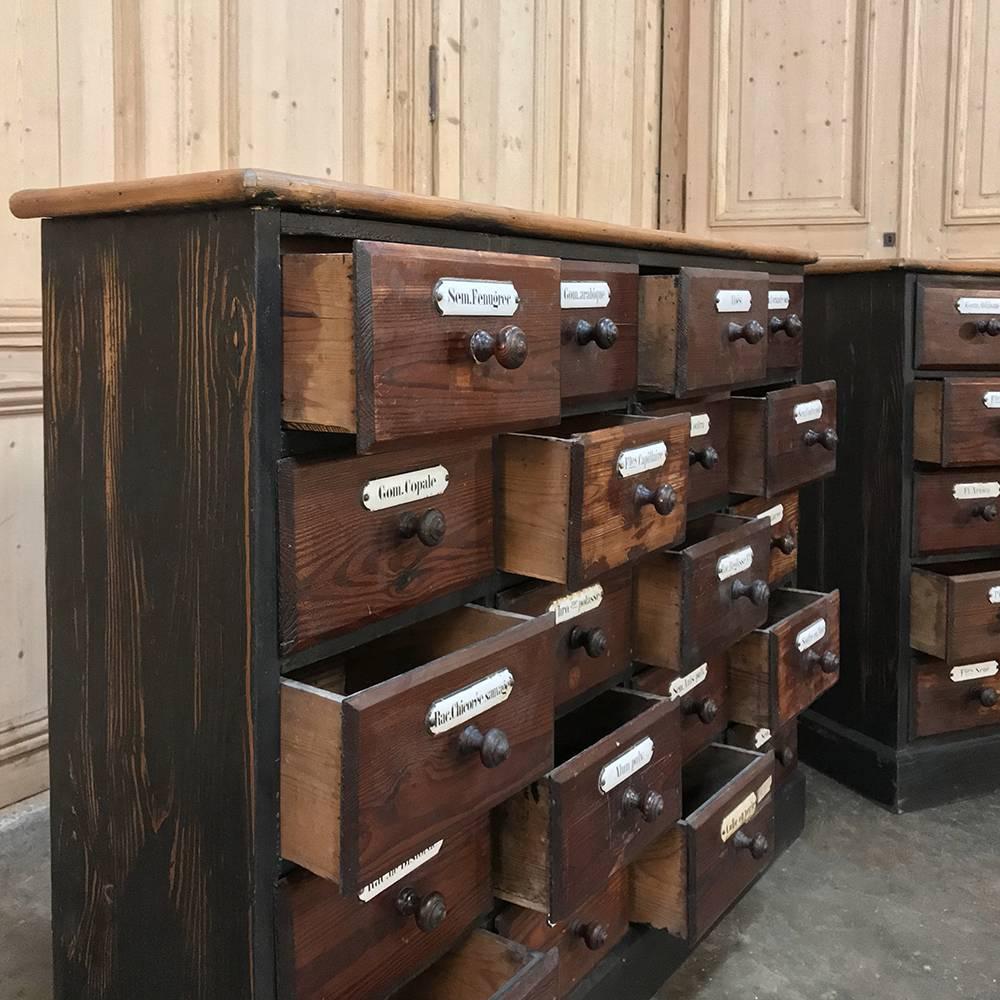 Stained Rare Pair 19th Century French Pharmacy Cabinets with Original Enamelled Labels