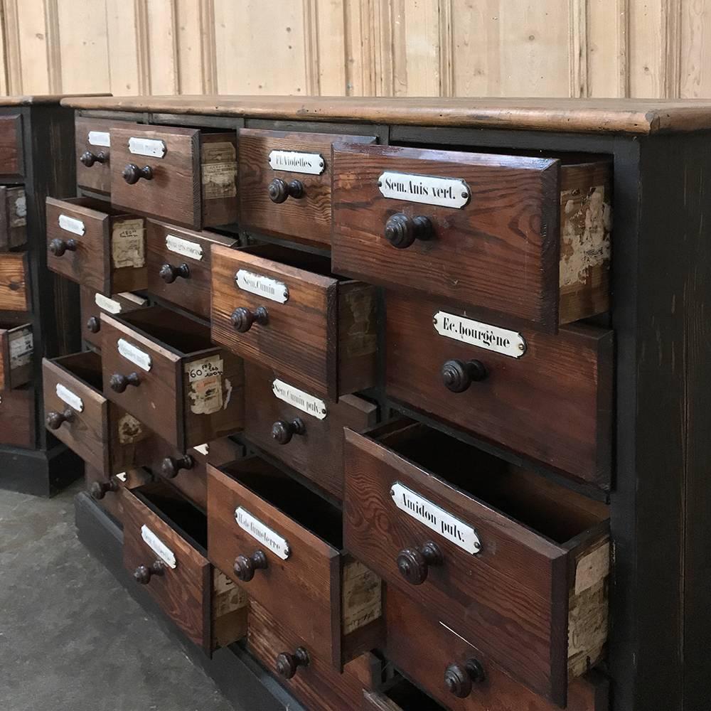 Rare Pair 19th Century French Pharmacy Cabinets with Original Enamelled Labels In Good Condition In Dallas, TX