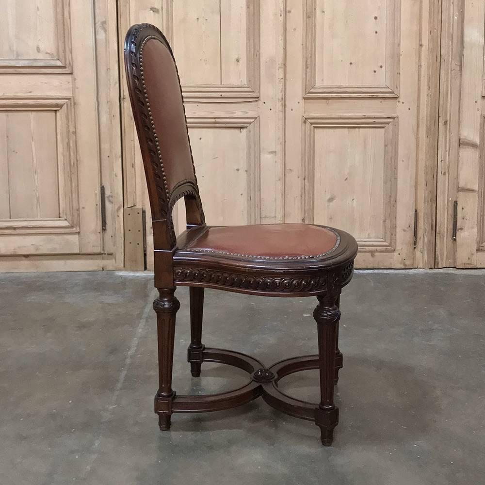 Set of Eight Antique French Louis XVI Walnut Leather Dining Room Chairs 6