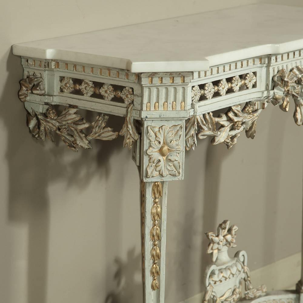 19th Century Swedish Neoclassical Carrara Marble-Top Painted and Gilded Console In Good Condition In Dallas, TX