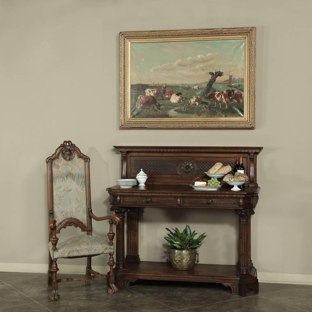 This 19th century neoclassical dessert buffet features a serving surface with backsplash, and hand-carved detail in abundance to create a lovely addition to the room even when not in use! Perfect for the hallway, stairwell landing, even the foyer,