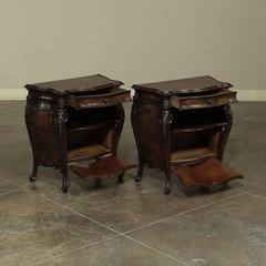 Pair of Italian Rococo Burled Walnut Bombe Nightstands