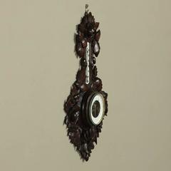 19th Century Carved Wood Barometer and Thermometer
