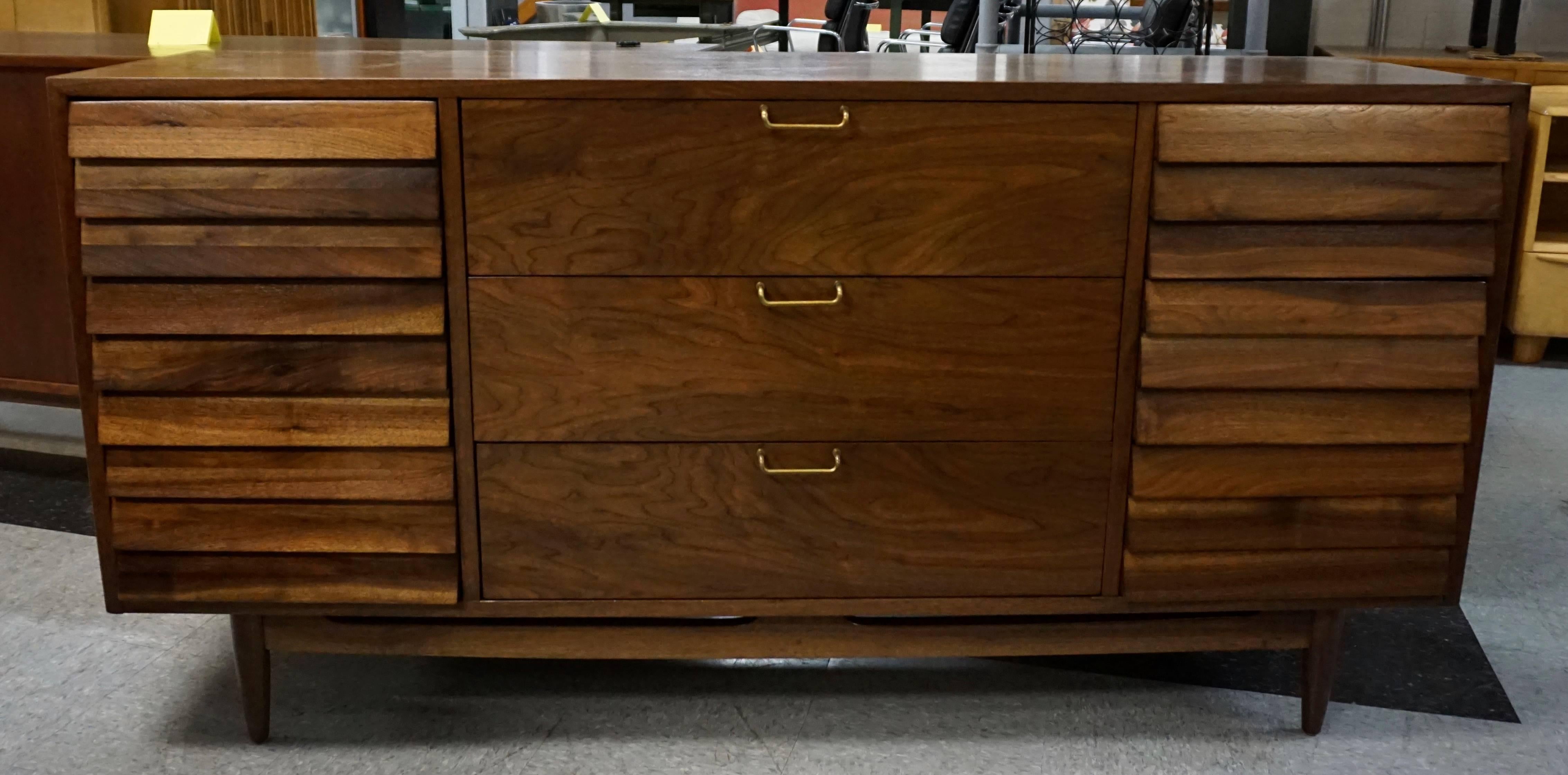 Brass 1950 American of Martinsville Walnut Dresser