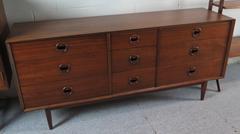1960s Nine Drawer Walnut Dresser with Round Handles
