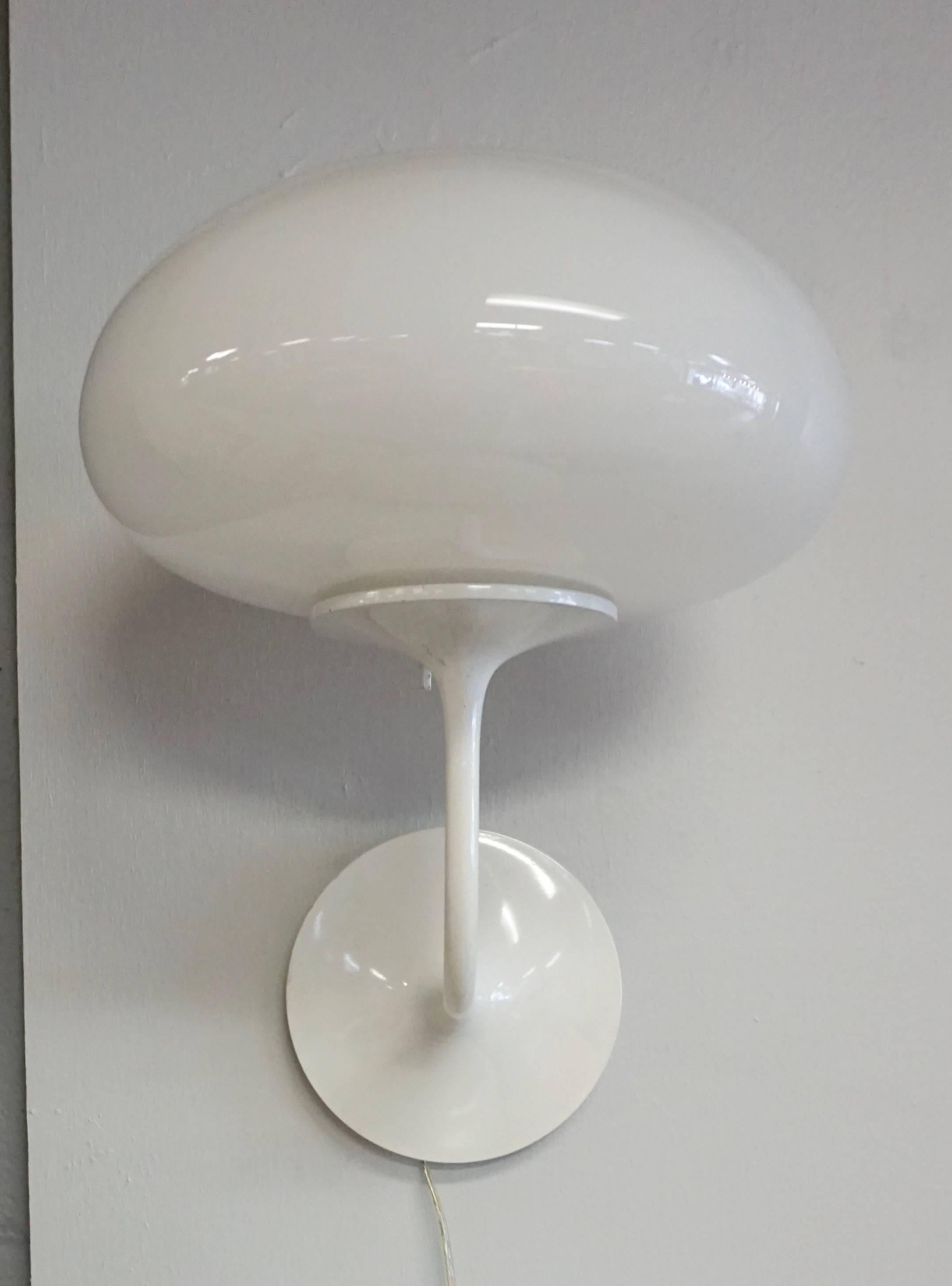 Original globes and paint. Metal wall mounts measure 7 inches wide. Have some scuffs and scratches on paint but overall very useable condition. Could easily be repainted. Globes are 12 inches in diameter, and are in great condition. Overall height