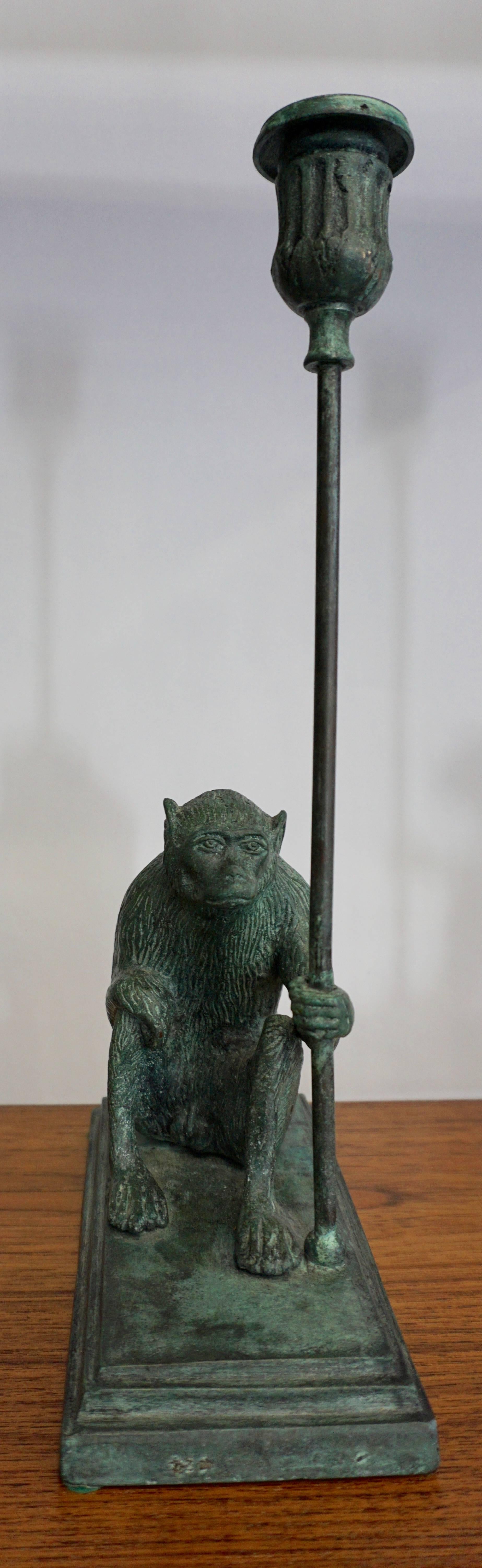 1970s Maitland Smith Bronze Monkey Candleholders In Excellent Condition In Hudson, NY