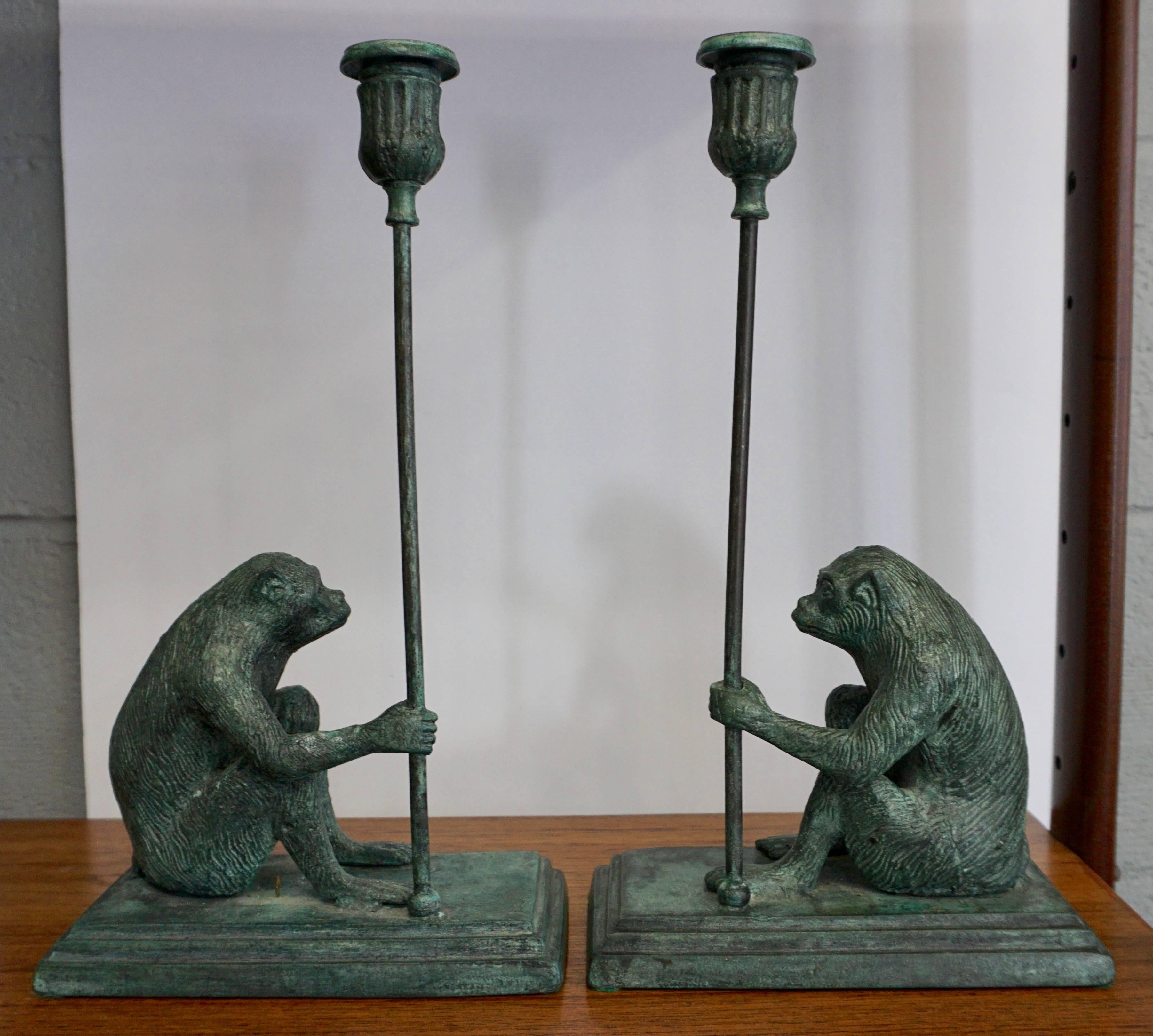 Late 20th Century 1970s Maitland Smith Bronze Monkey Candleholders
