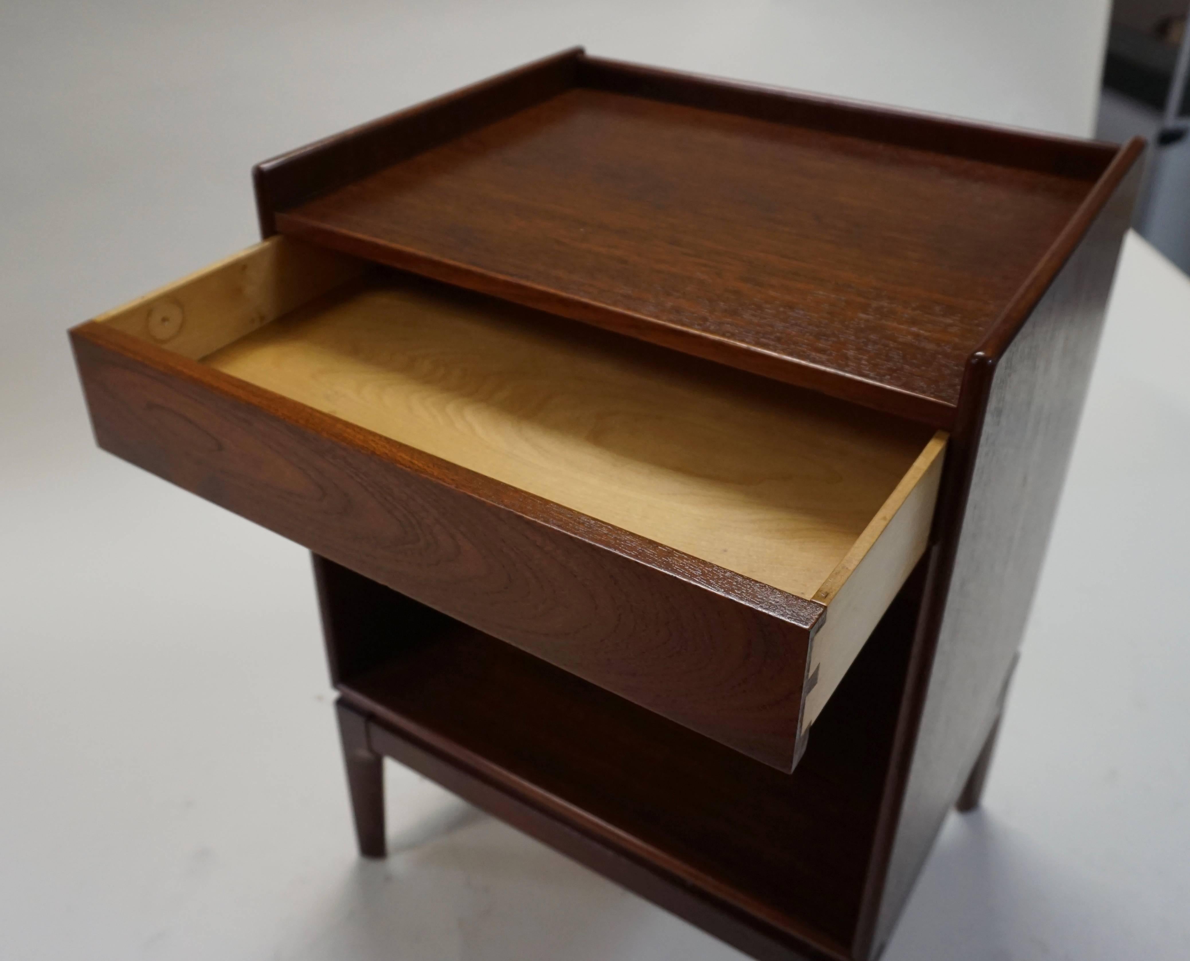 Made in Denmark. Imported by John Stuart. Excellent restored condition. One-drawer. Backs are finished. Signed on bottom.
