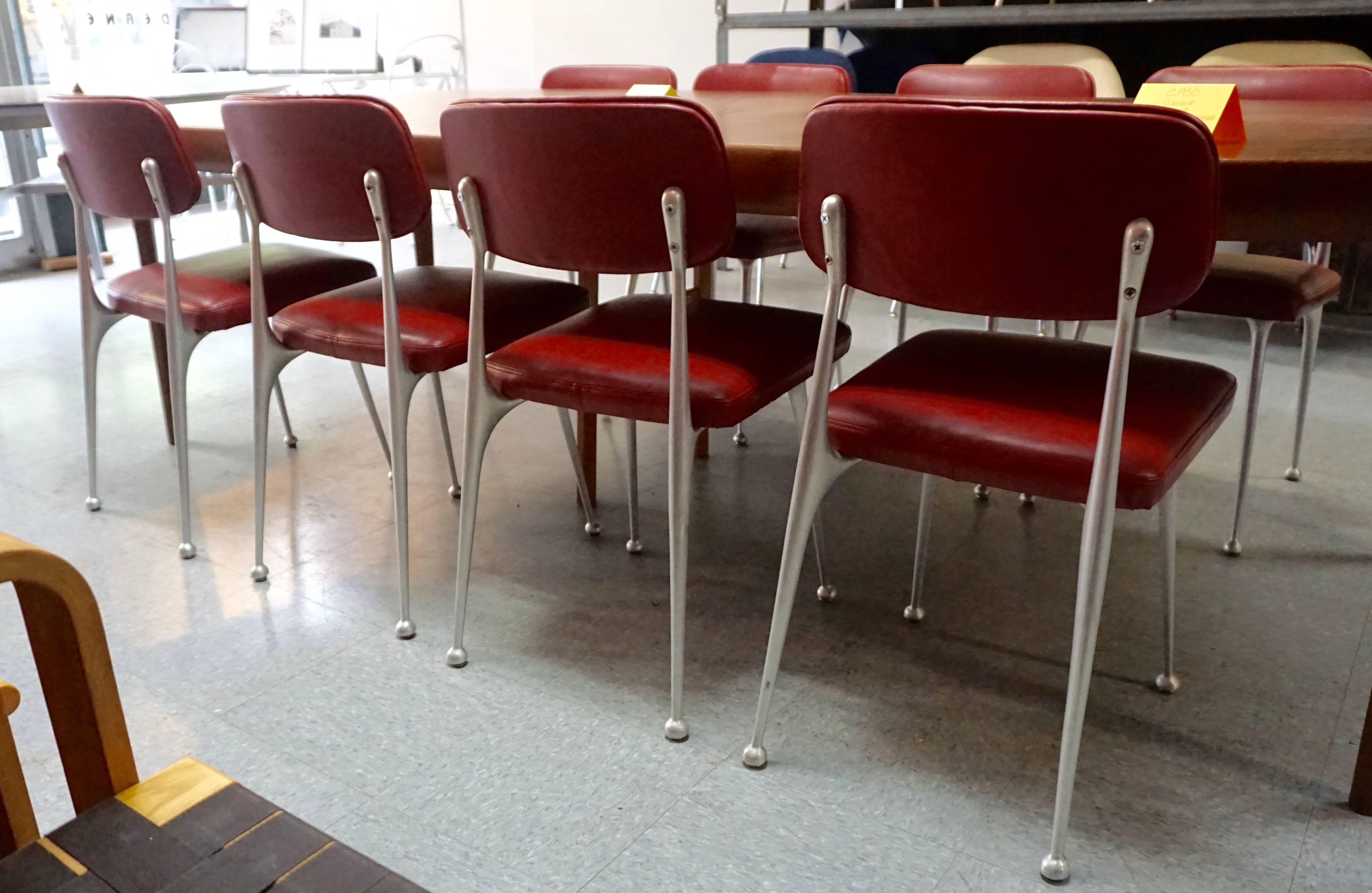 Aluminum Set of Eight Aluminium and Red Leather Gazelle Chairs