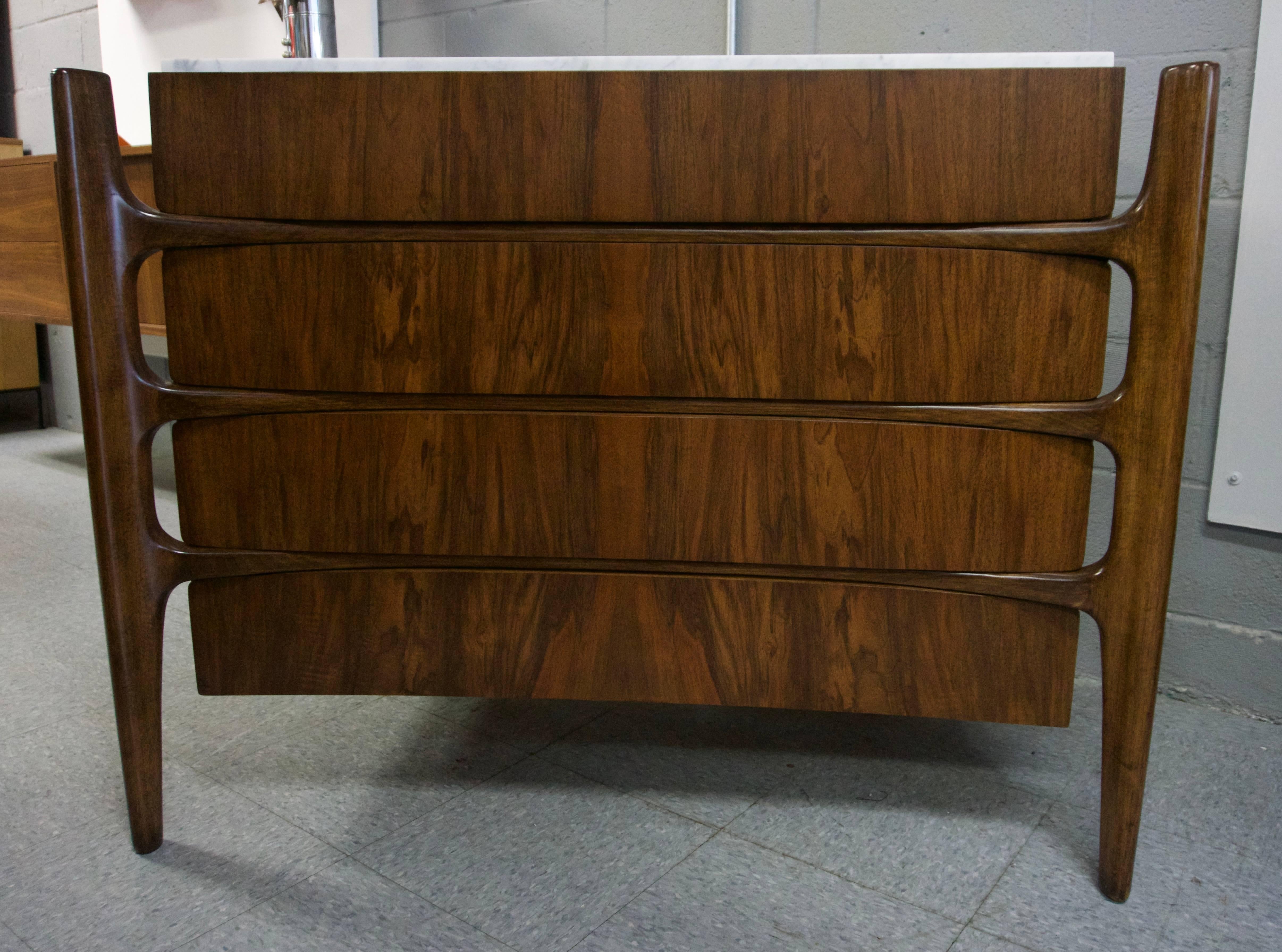 Mid-20th Century 1960 William Hinn Four-Drawer Dresser with Carrara Marble For Sale