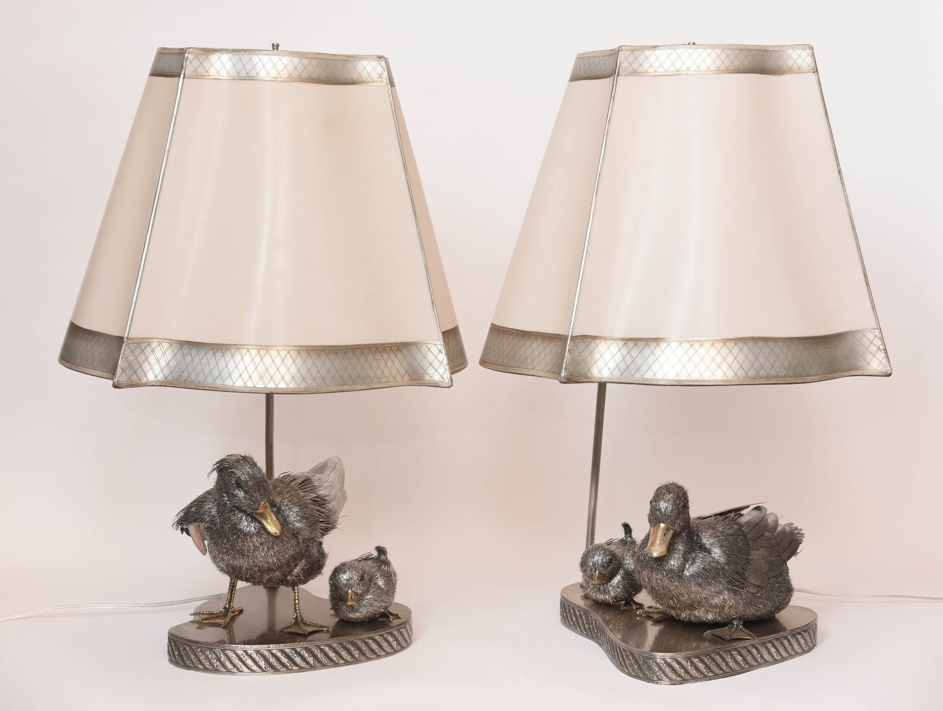 Adorable Pair of Sterling Silver Four-Piece Duck Family Lamps For Sale