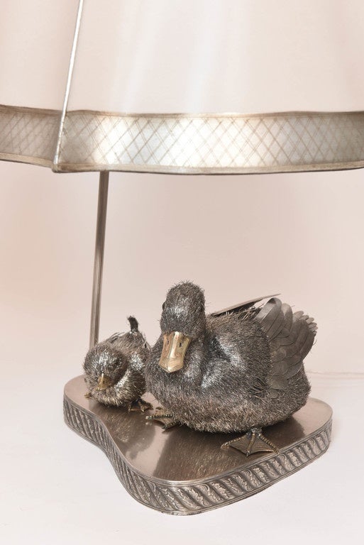 Italian Adorable Pair of Sterling Silver Four-Piece Duck Family Lamps For Sale