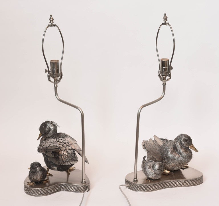 Adorable Pair of Sterling Silver Four-Piece Duck Family Lamps For Sale 3
