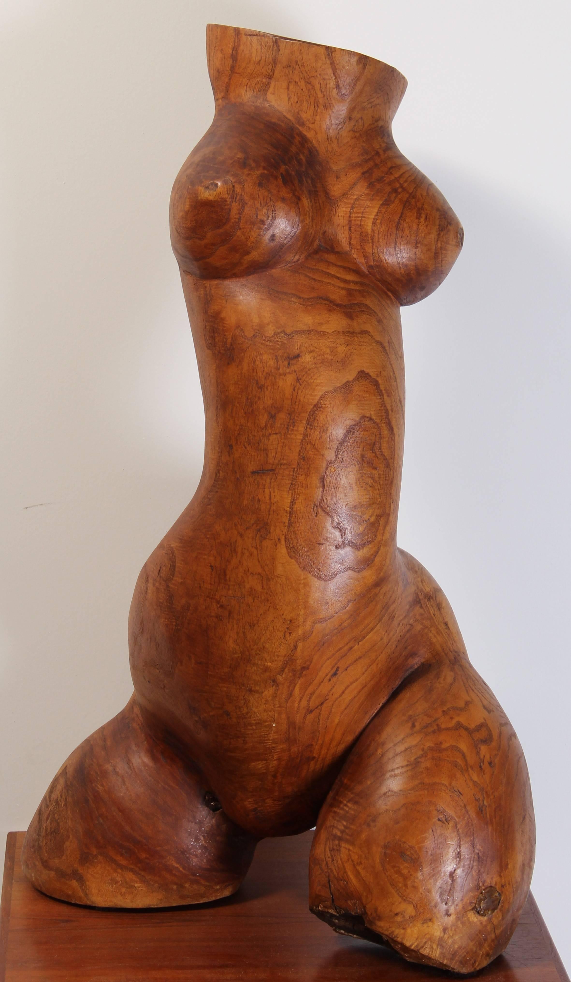 Mid-Century Modern Henry Moore Style Hand-Carved Burled Wood Nude Torso, 1960s