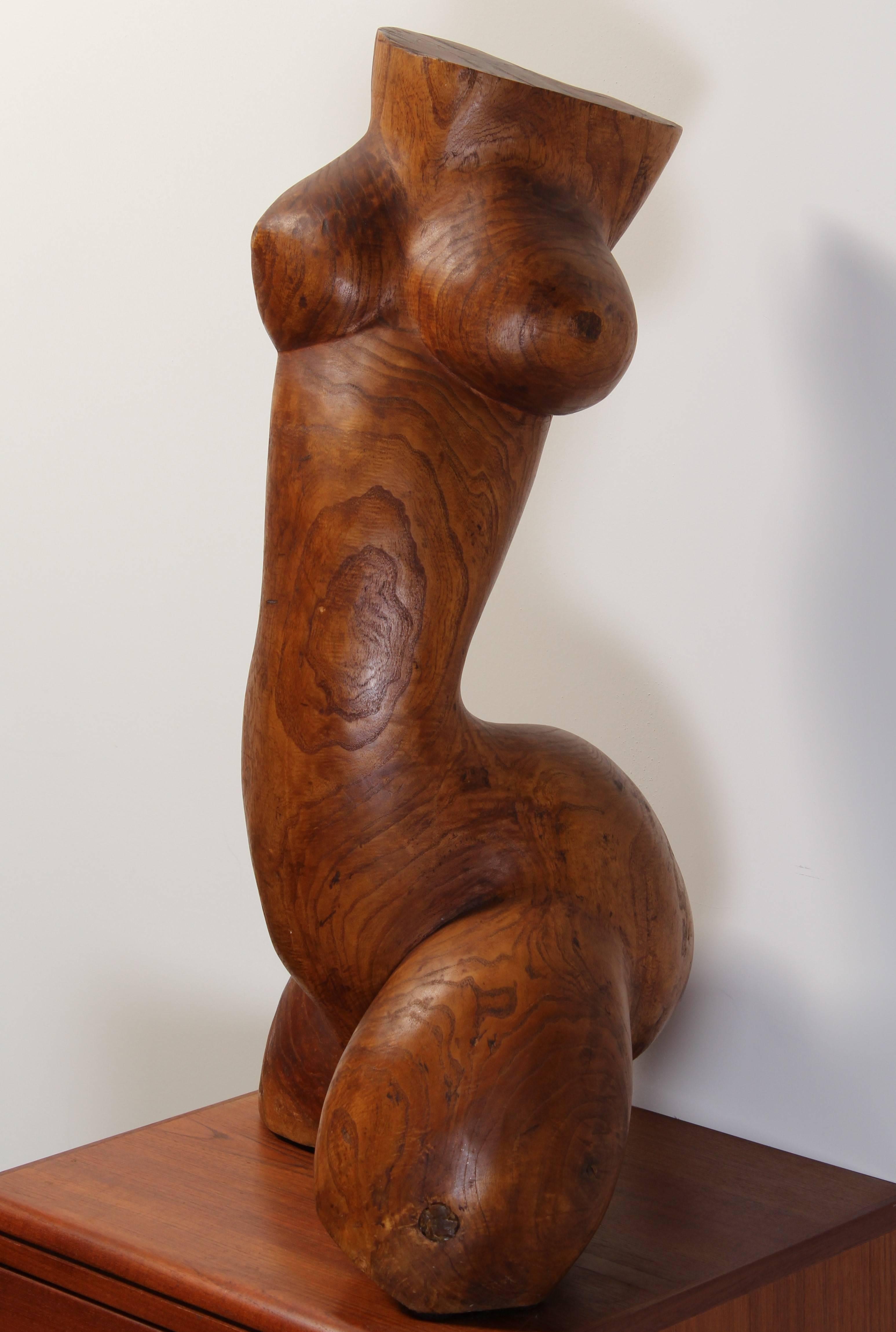 American Henry Moore Style Hand-Carved Burled Wood Nude Torso, 1960s