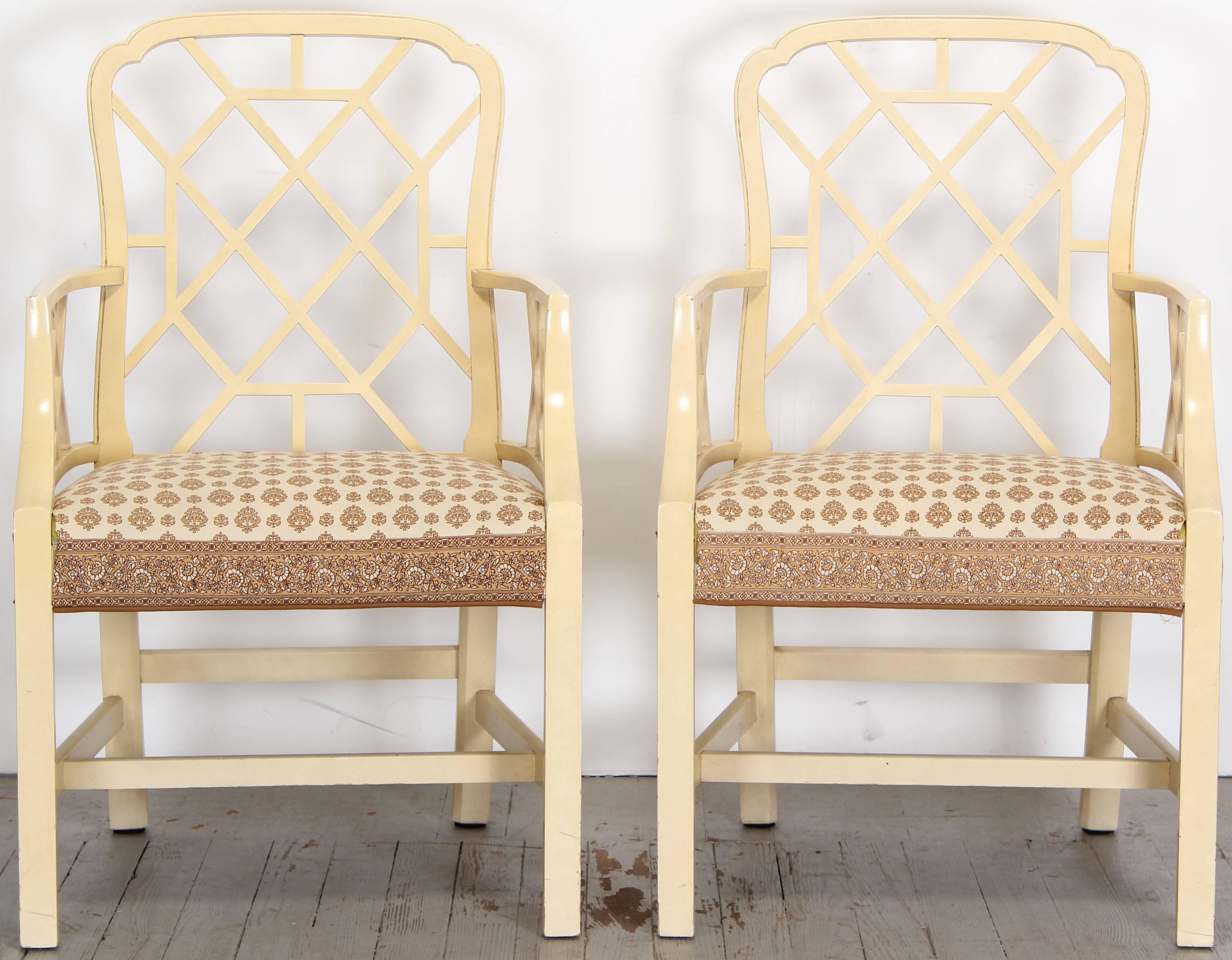 Chinese Chippendale Style Pair Painted Arm Chairs, 1970s In Good Condition In Hamburg, PA