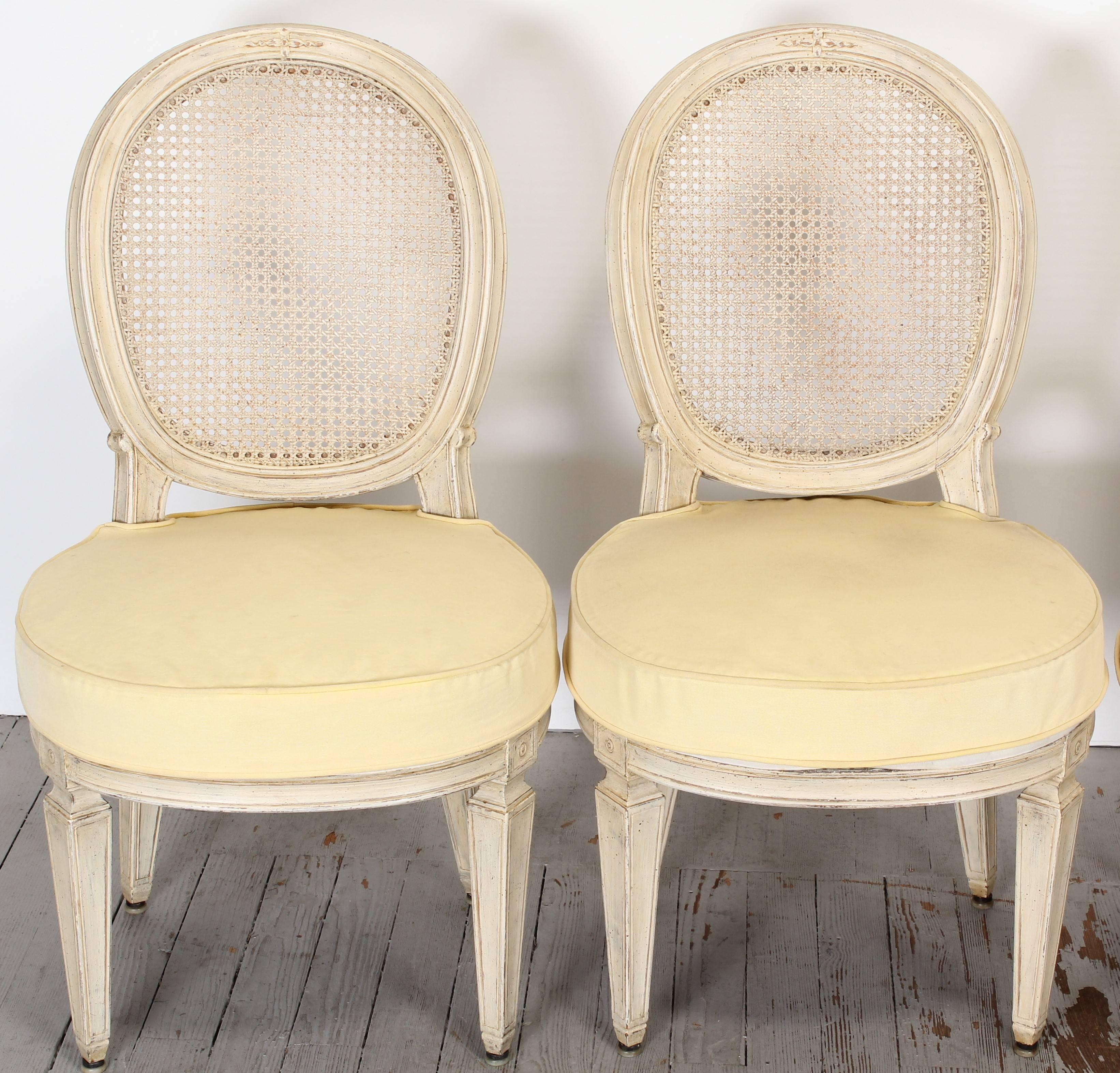 Upholstery Set of Four French Louis XVI Jansen Style Painted Side Chairs, 1950