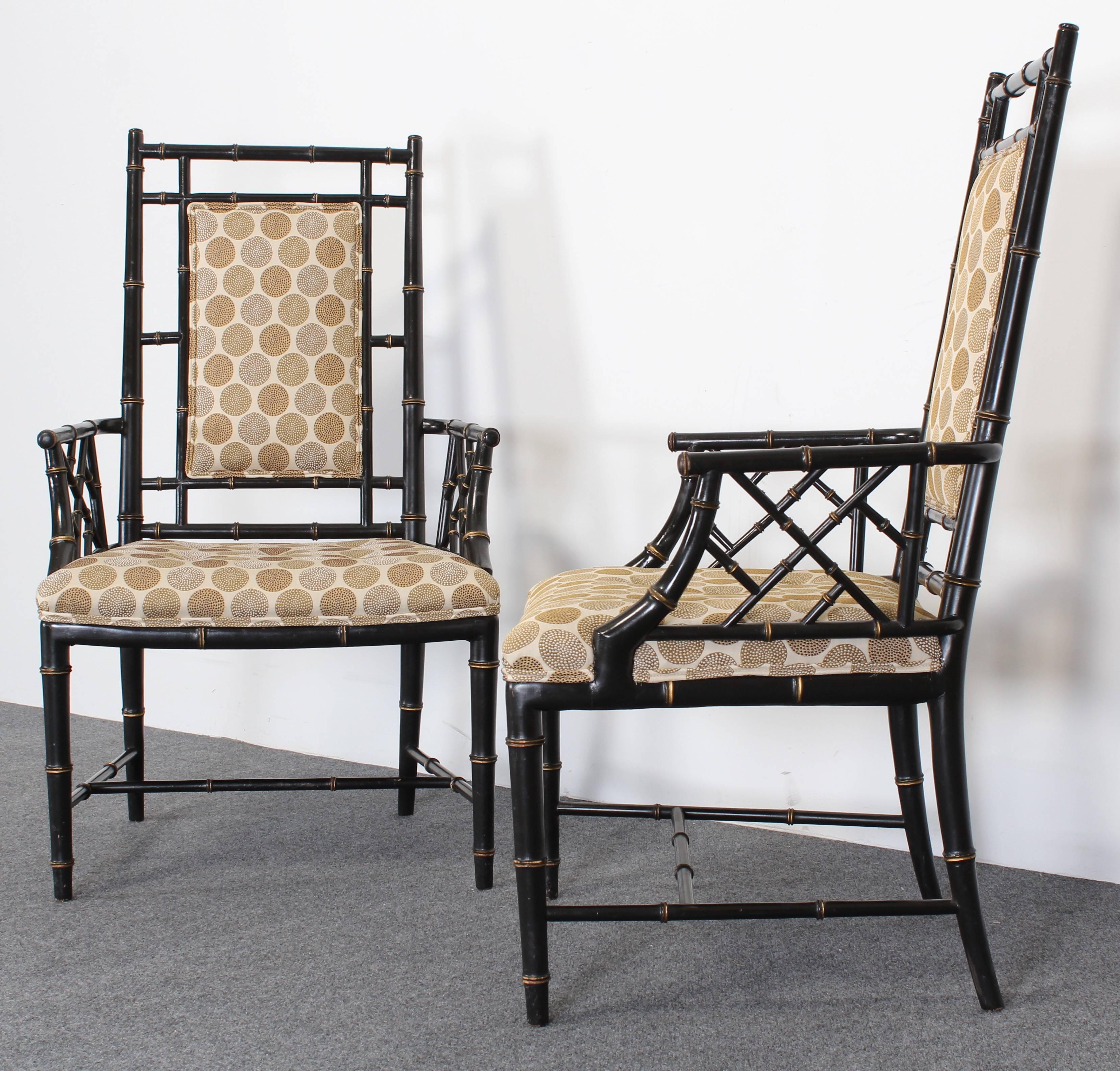 Hollywood Regency Chinese Chippendale Ebonized Faux Bamboo Chairs, 1960