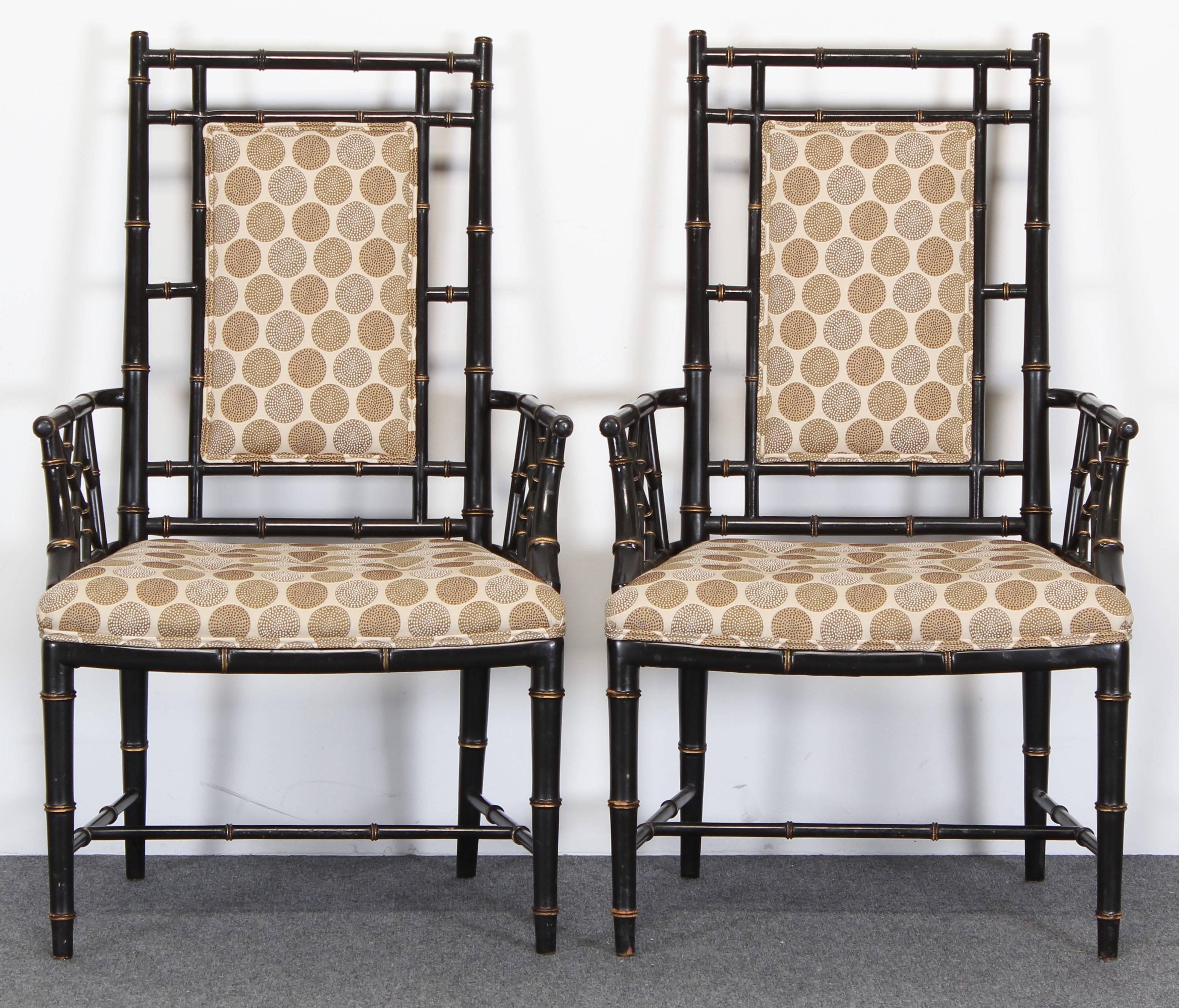 American Chinese Chippendale Ebonized Faux Bamboo Chairs, 1960