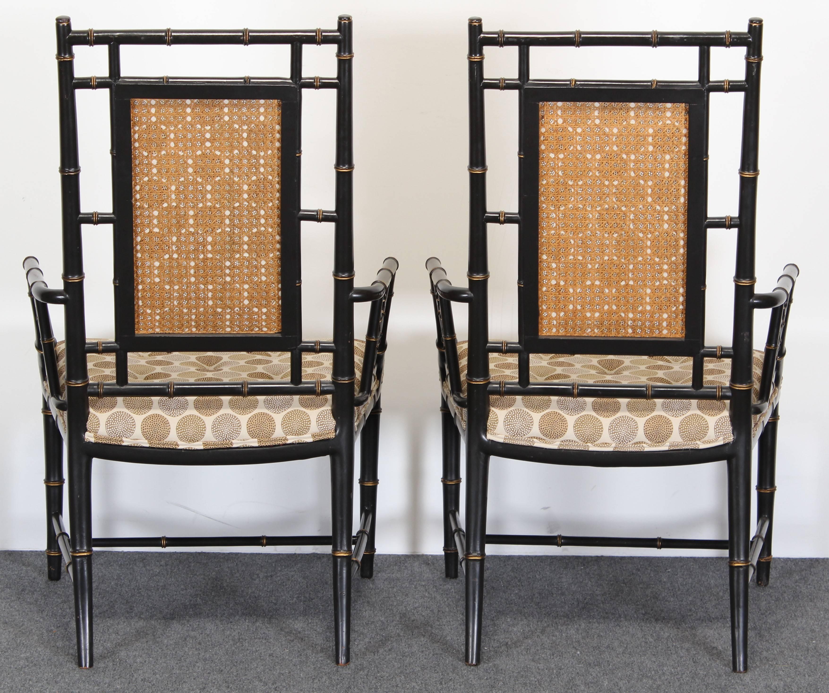 Upholstery Chinese Chippendale Ebonized Faux Bamboo Chairs, 1960