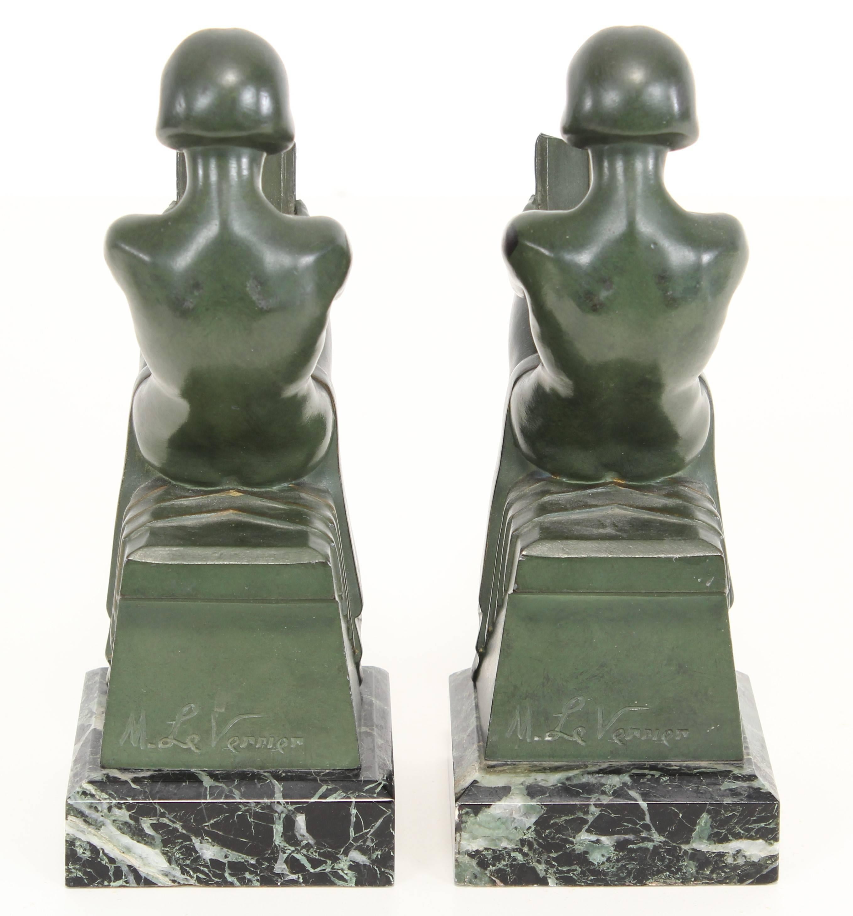 Patinated Signed French Art Deco Nude Bookends by Max Le Verrier, 1930