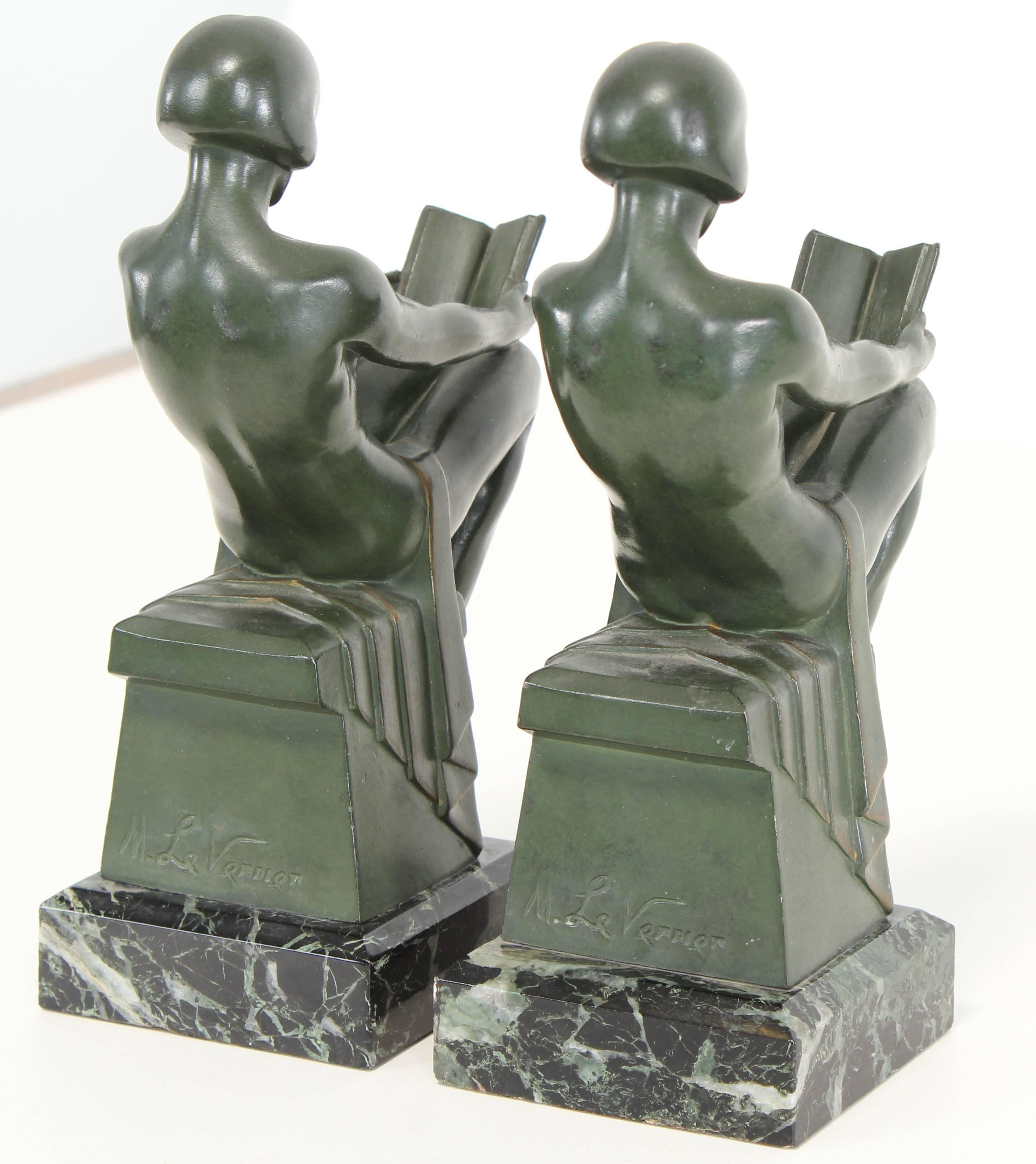 Metal Signed French Art Deco Nude Bookends by Max Le Verrier, 1930