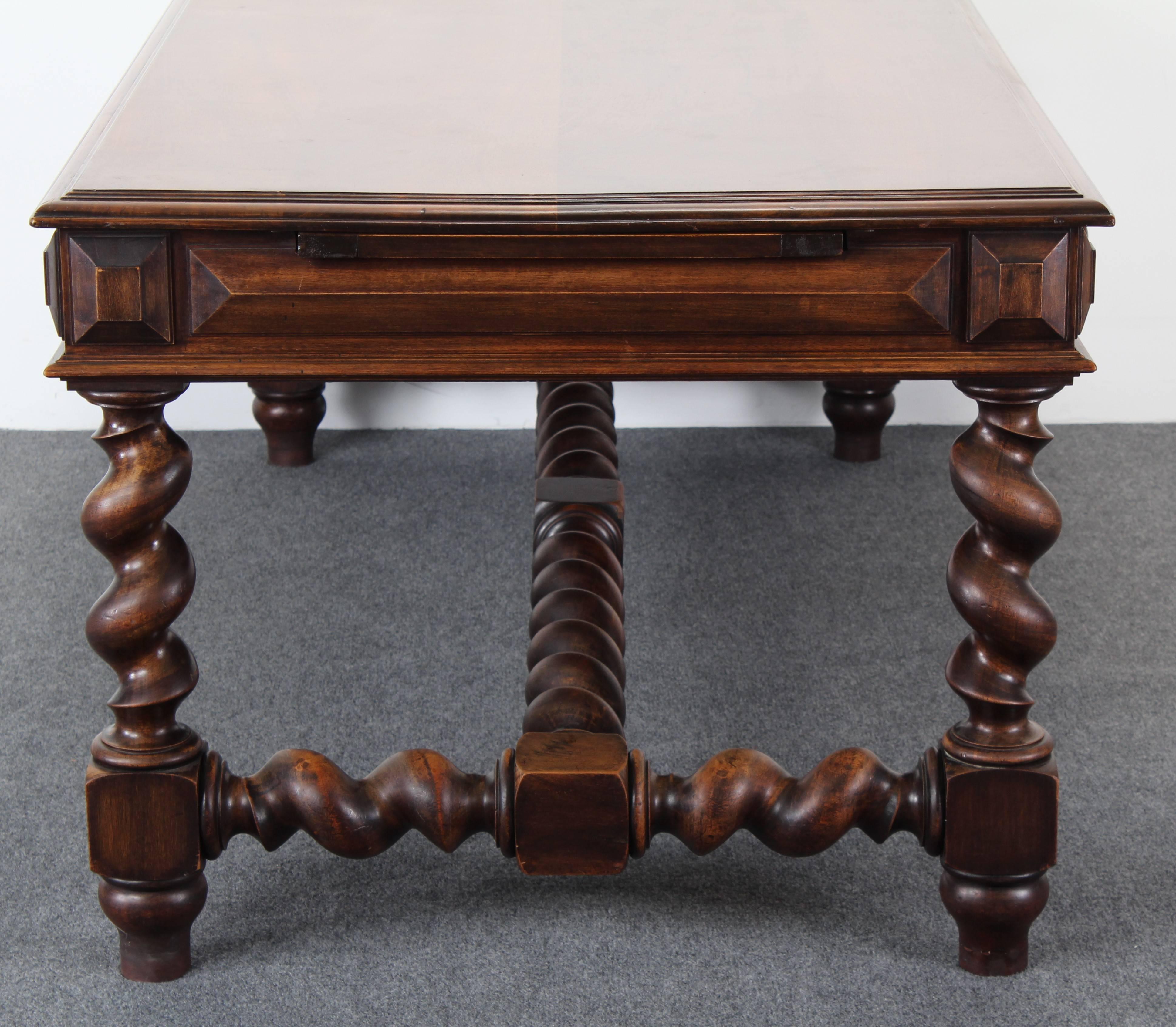 Signed French Walnut Barley Twist Library Desk, 1900 In Good Condition In Hamburg, PA