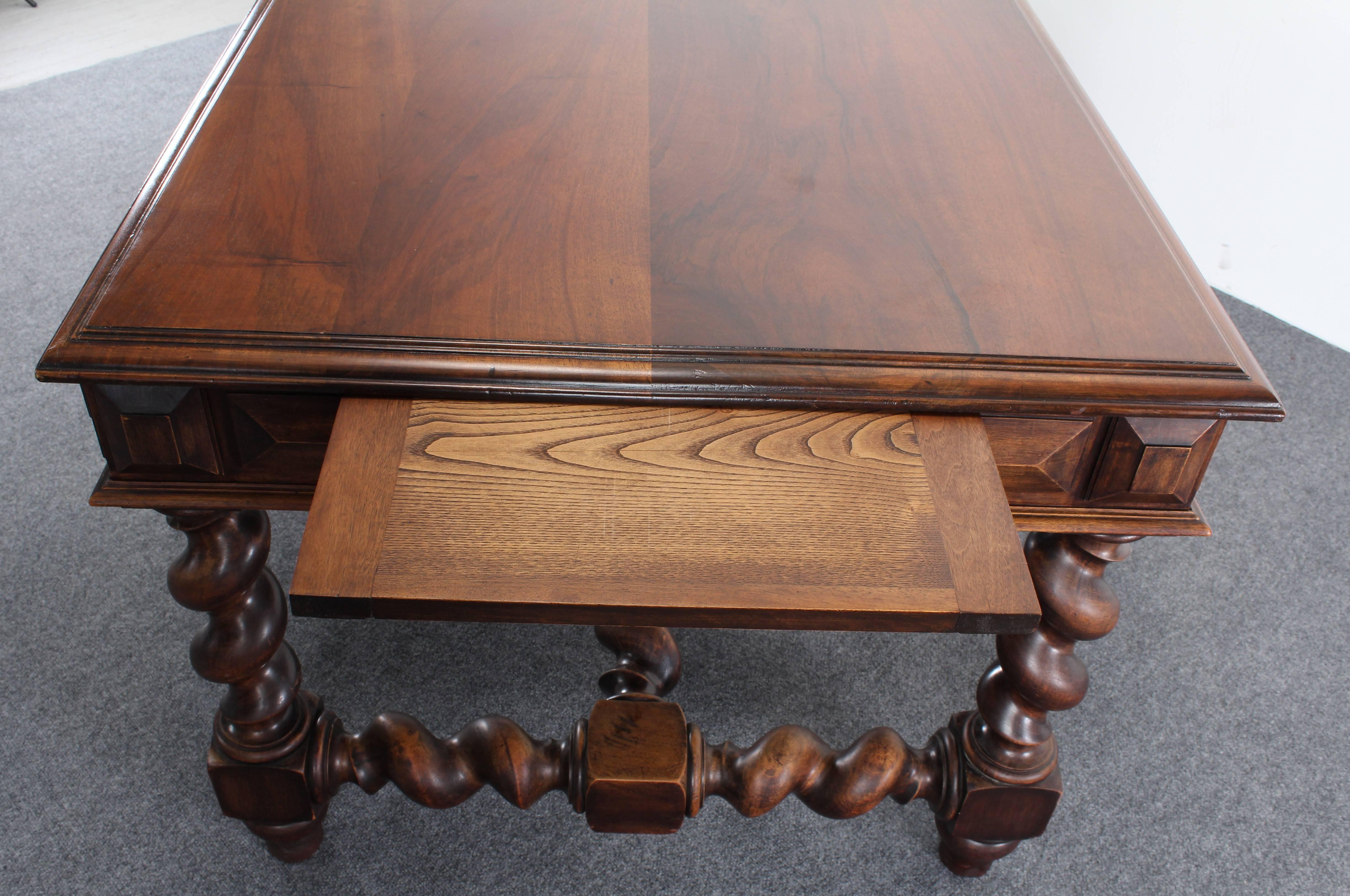 Louis XIII Signed French Walnut Barley Twist Library Desk, 1900