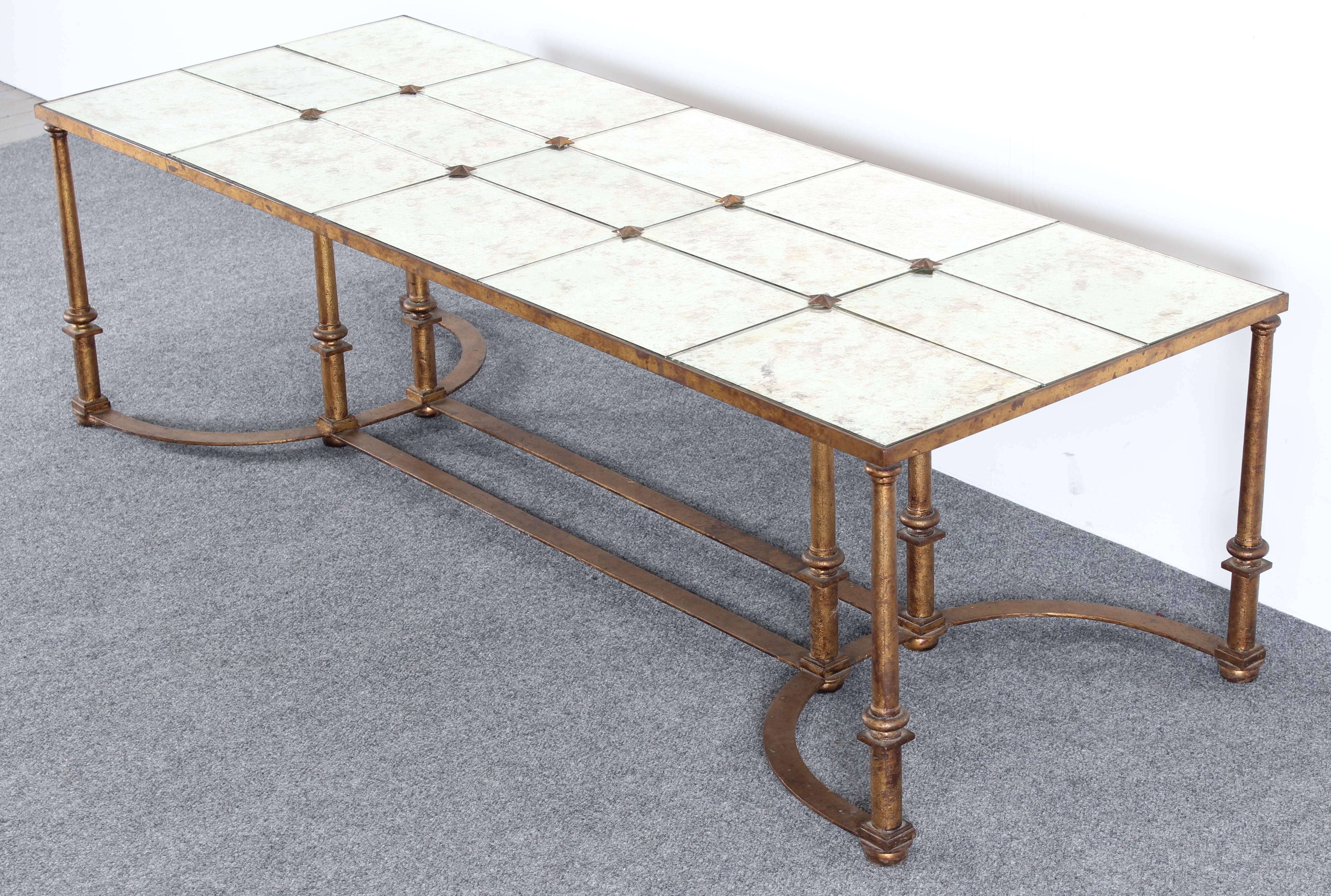 Gilt Wrought Iron French Églomisé Coffee Table Maison Baguès Style, 1940