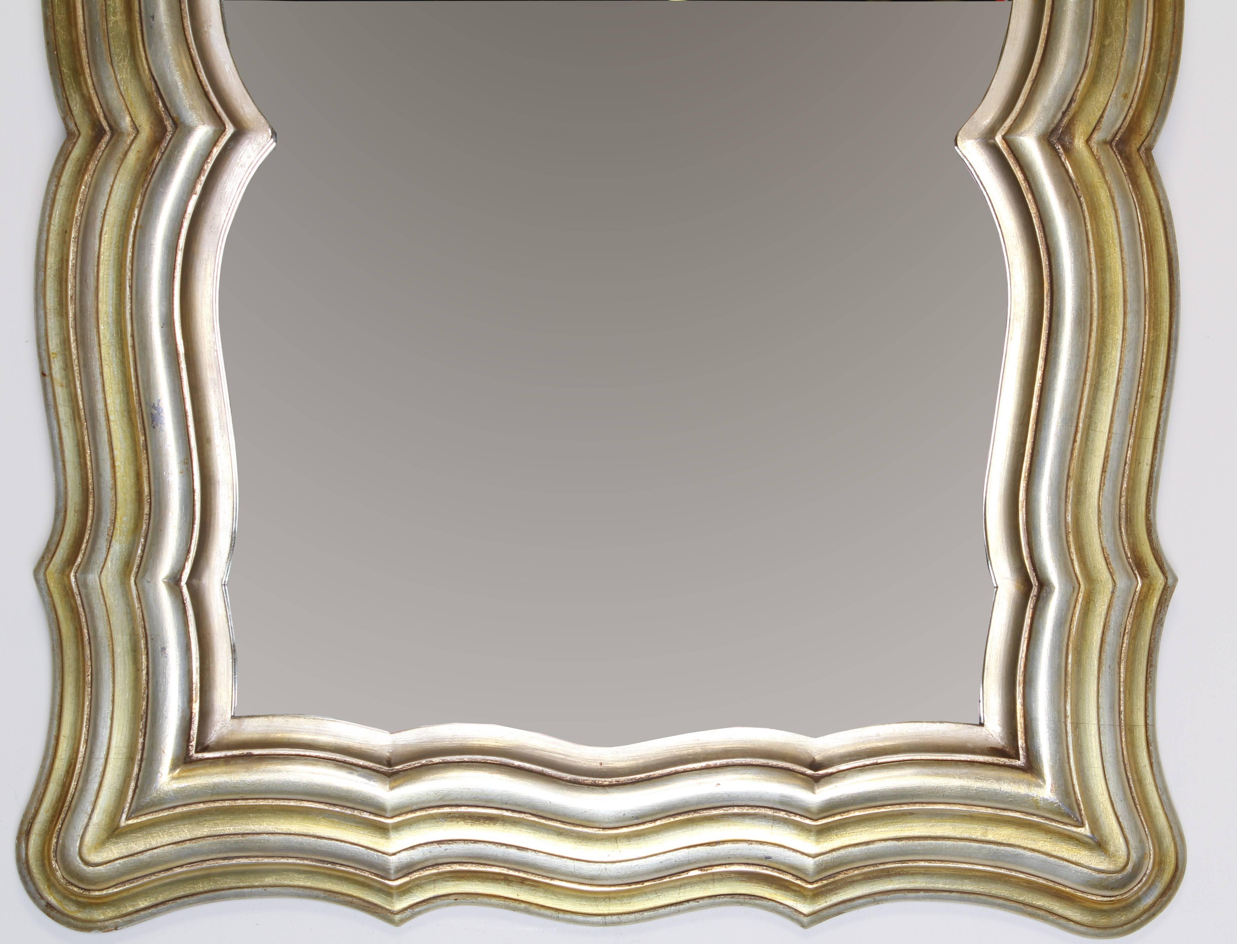 Hand-Carved Italian Silver and Gold Gilt Hand Carved Scalloped Wood Mirror, 1950