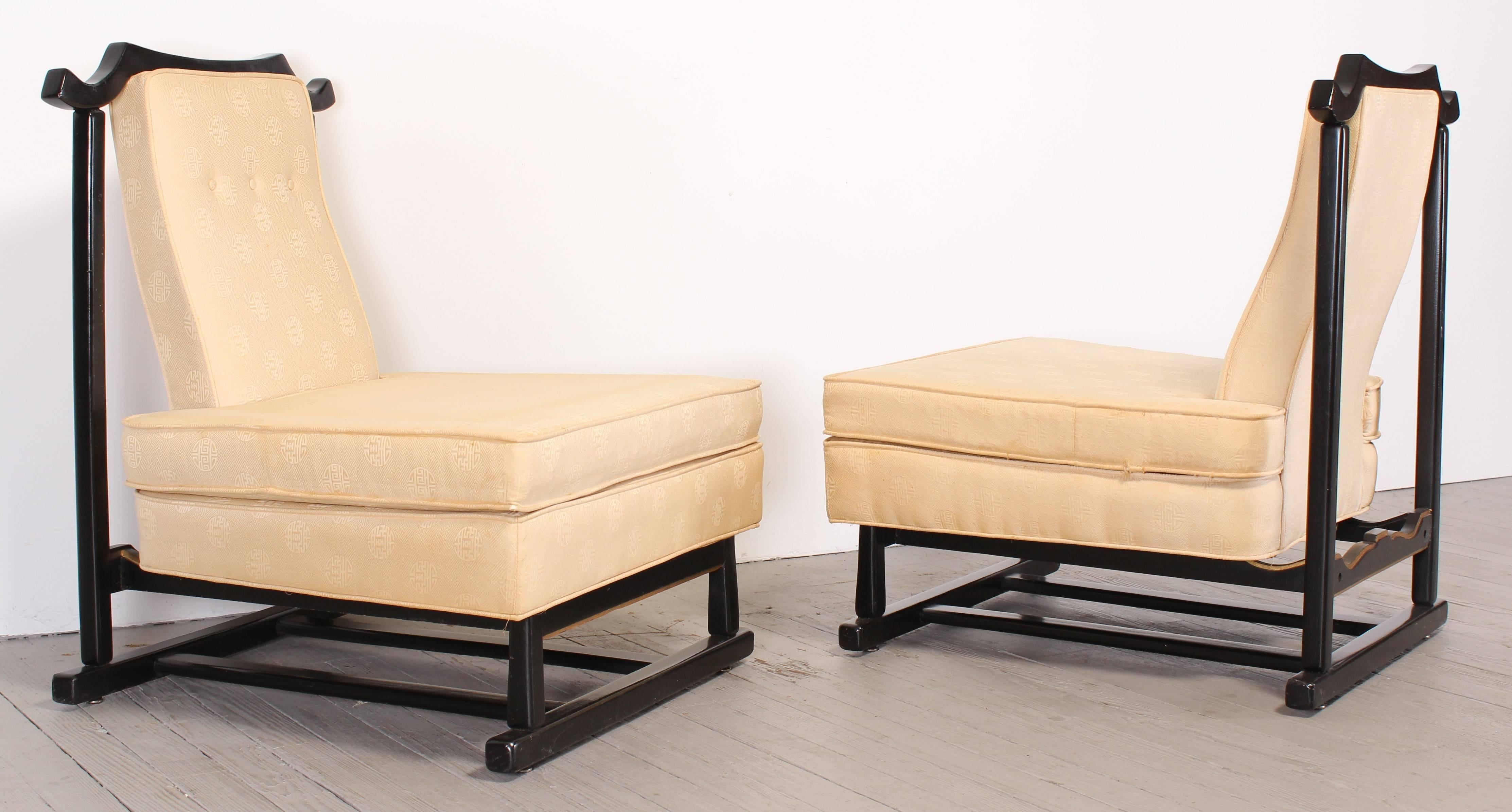 Upholstery Pair of James Mont Asian Style Chairs, 1950