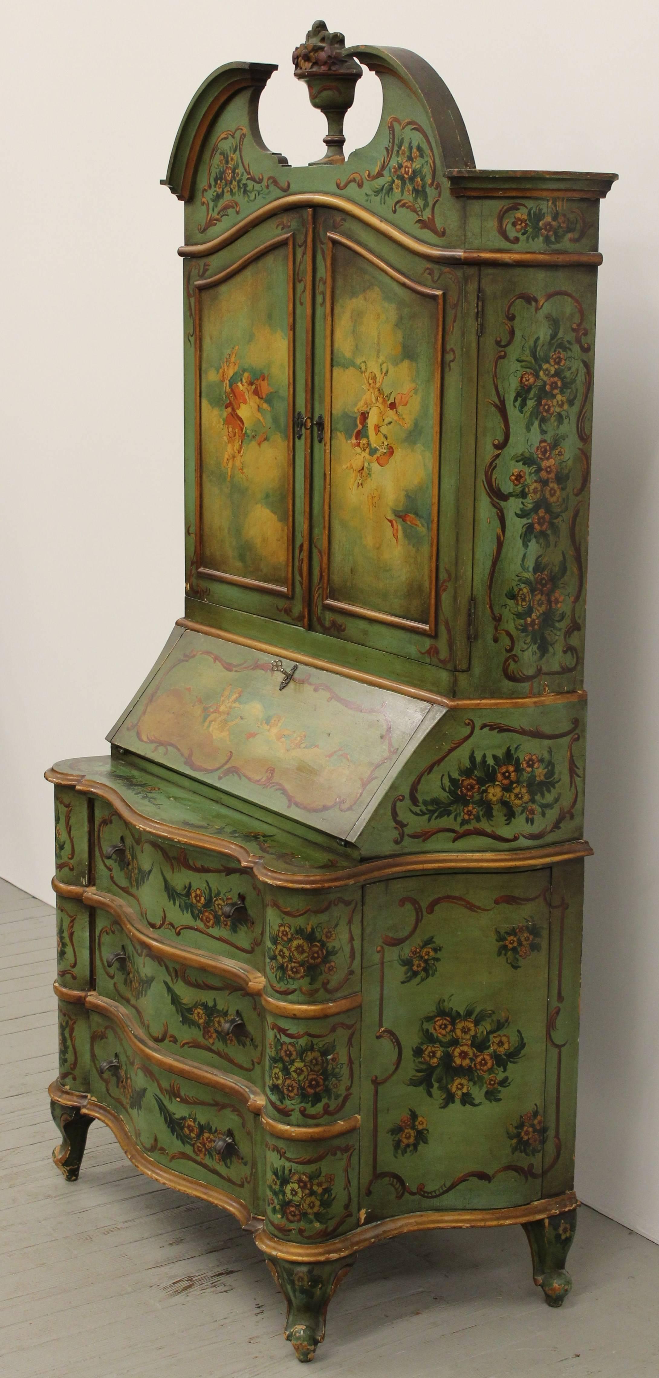 A beautiful Italian Venetian hand-painted secretary with French style feet and accents. Unusual two hidden compartments, which open with spring pull latches on back of cabinet. New York City deliveries for $249.00.
