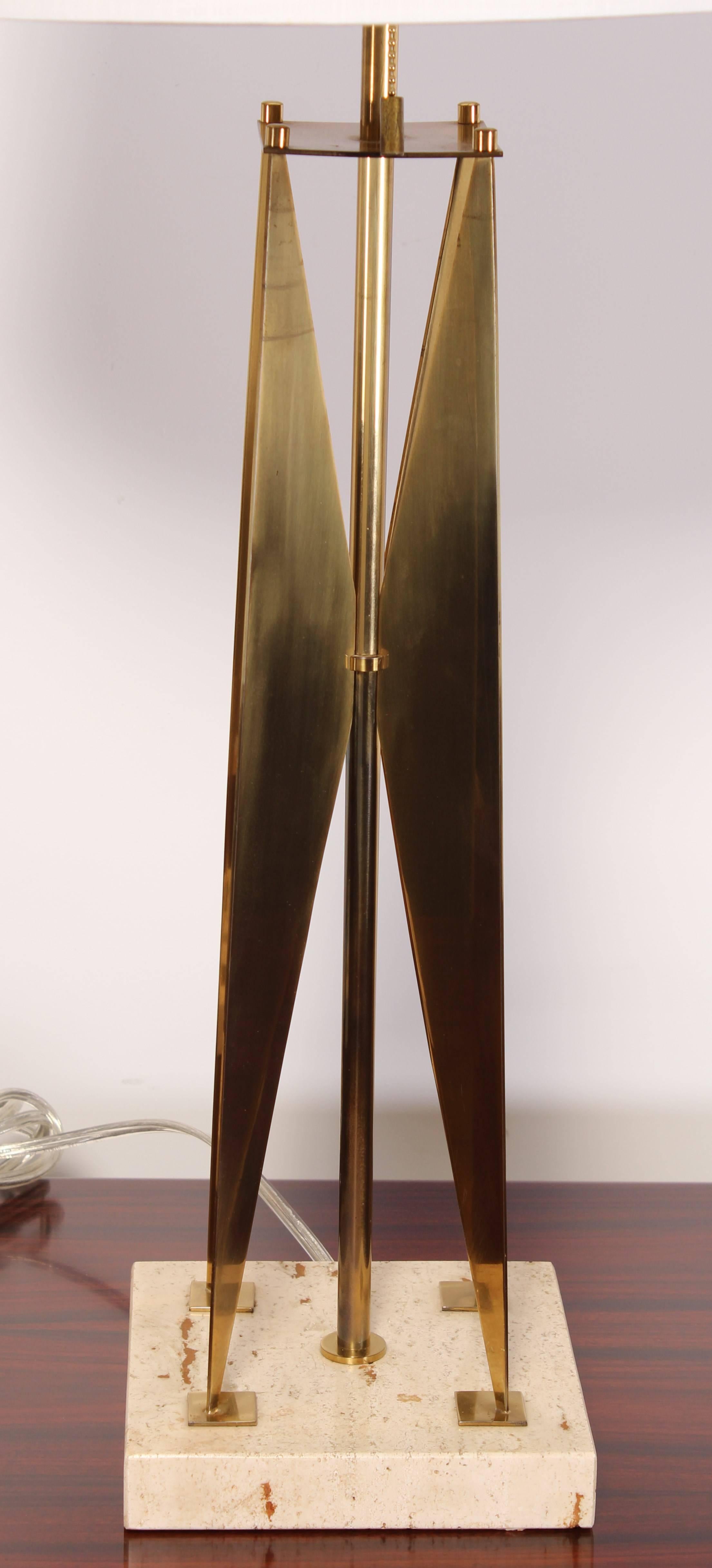 American Pair of Gerald Thurston Style Brass and Travertine Marble Lamps, 1970