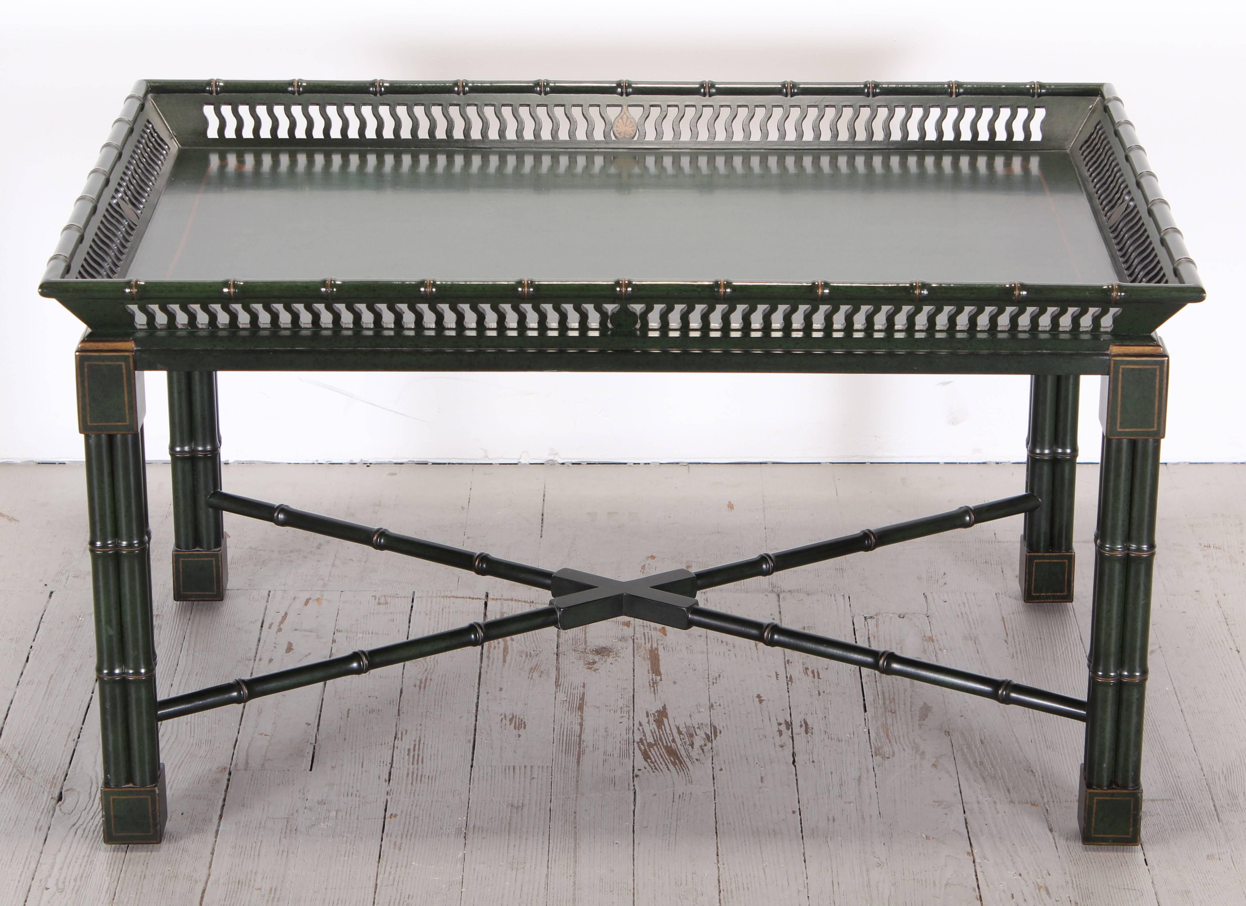 Mario Buatta collection tray table for John Widdicomb Company, 1970. Hunter green, bamboo designed leg, with gold accent trim.