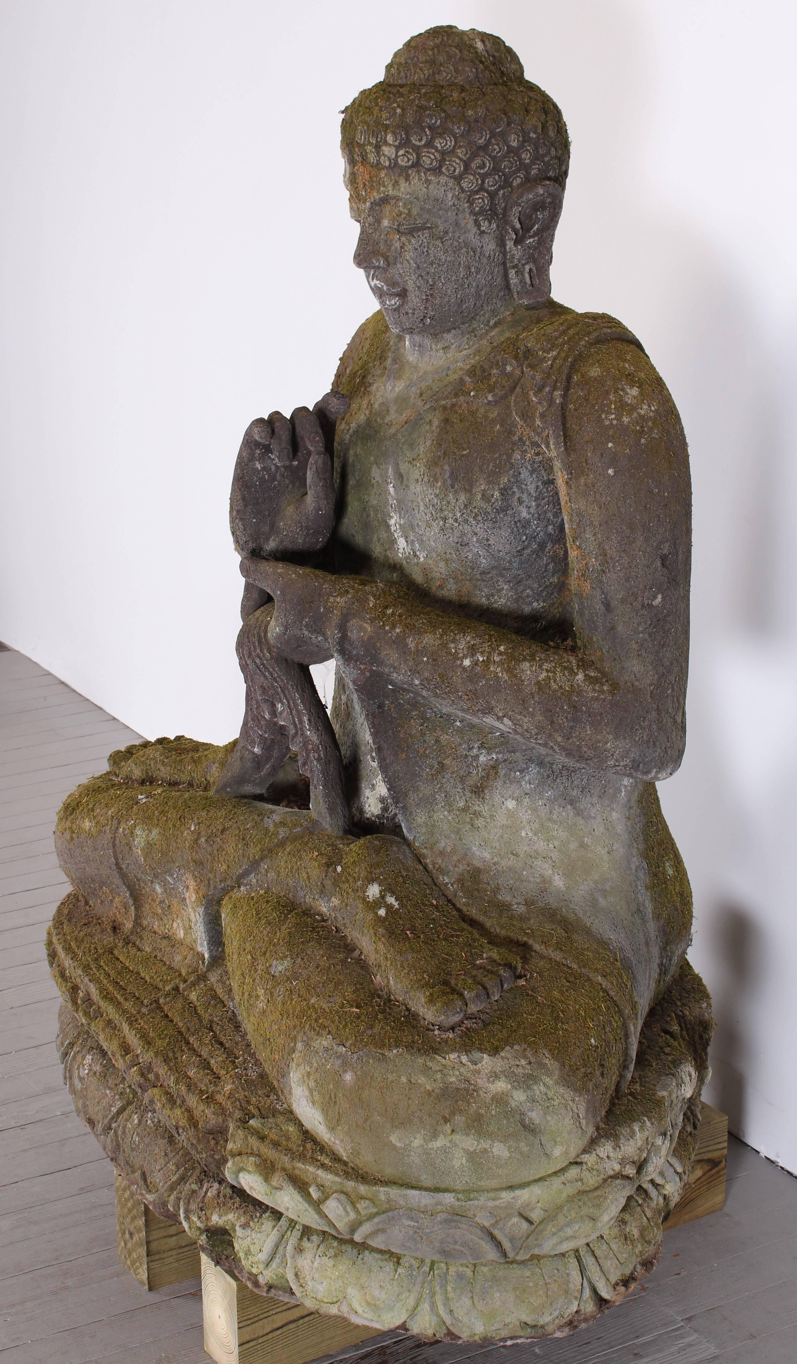 Lava stone hand-carved Buddha from Bali with beautiful moss and lichen patina. Lotus pattern details across base. Refined hands and facial features. Great for any Zen Garden and pictures do not capture the beauty of this sculpture. A must-see in