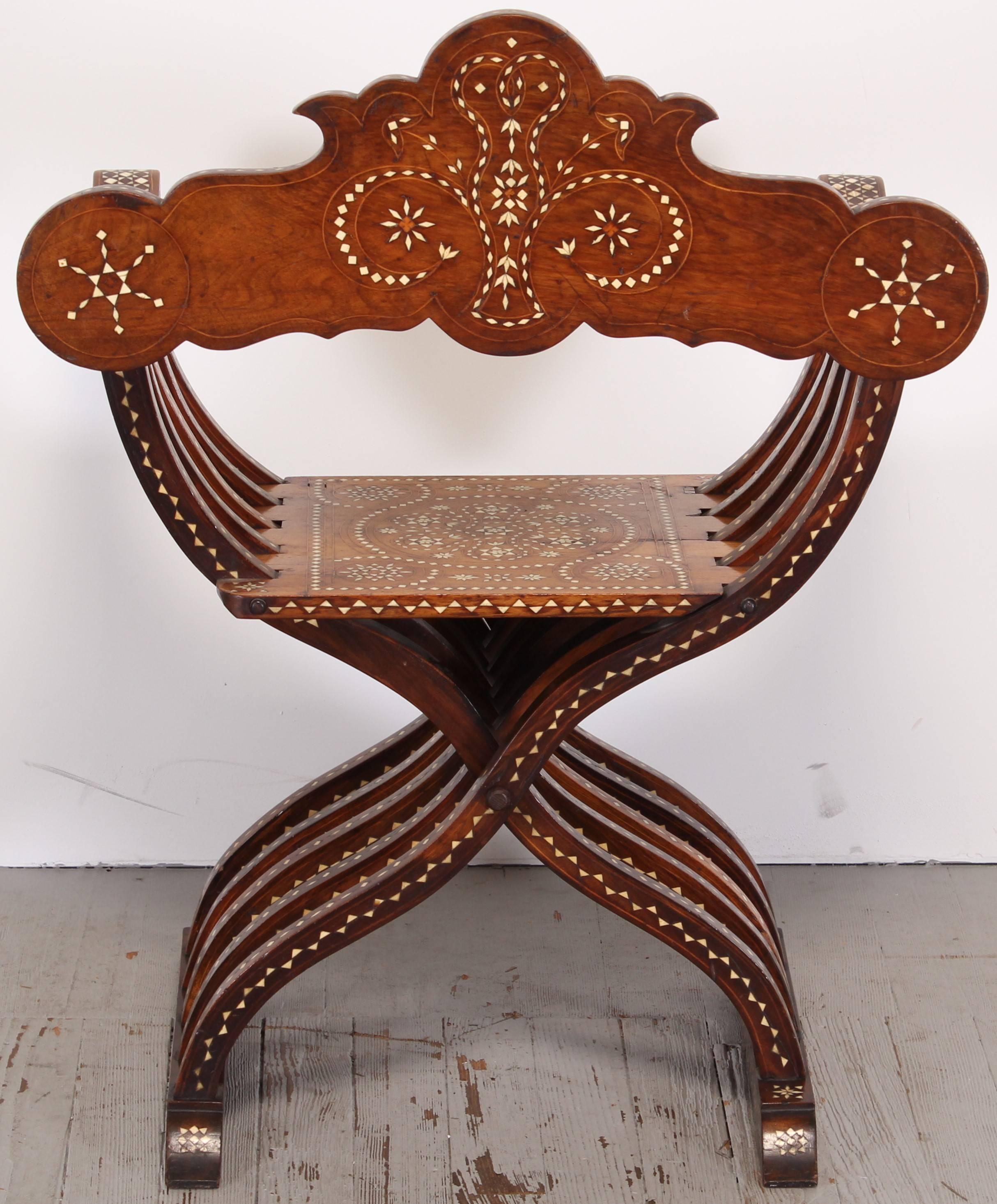 Late 19th Century Italian Walnut Savonarola Chair with Bone Inlay 1