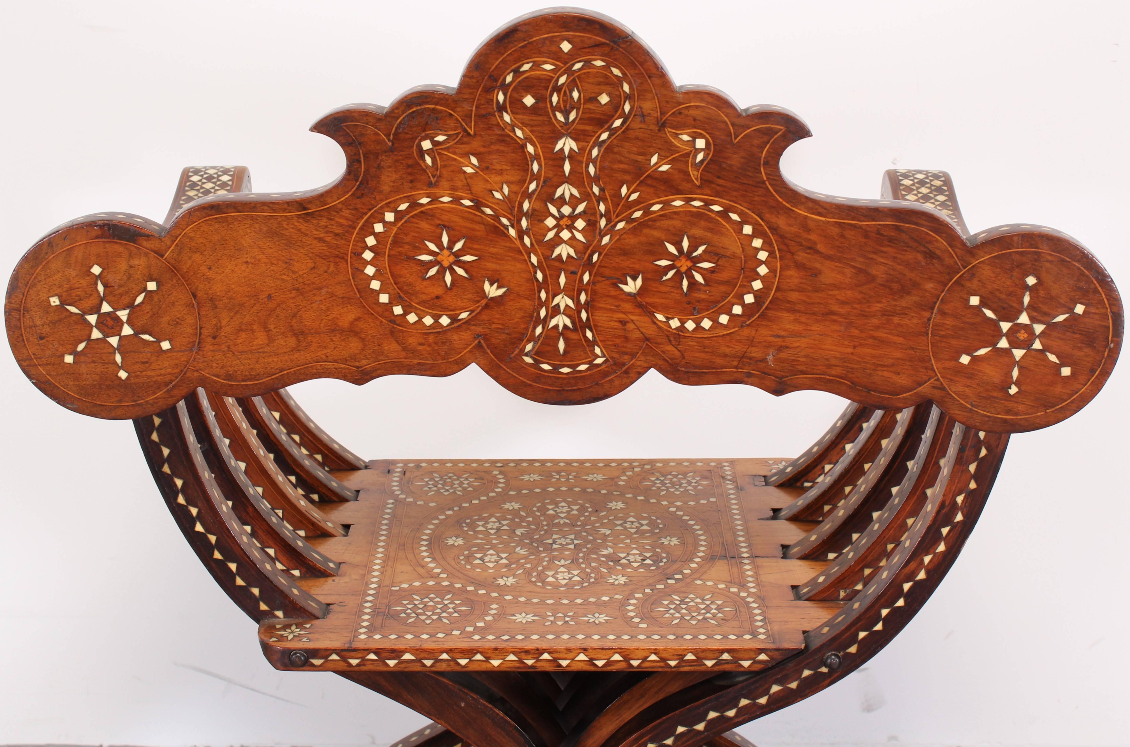 Late 19th Century Italian Walnut Savonarola Chair with Bone Inlay 2